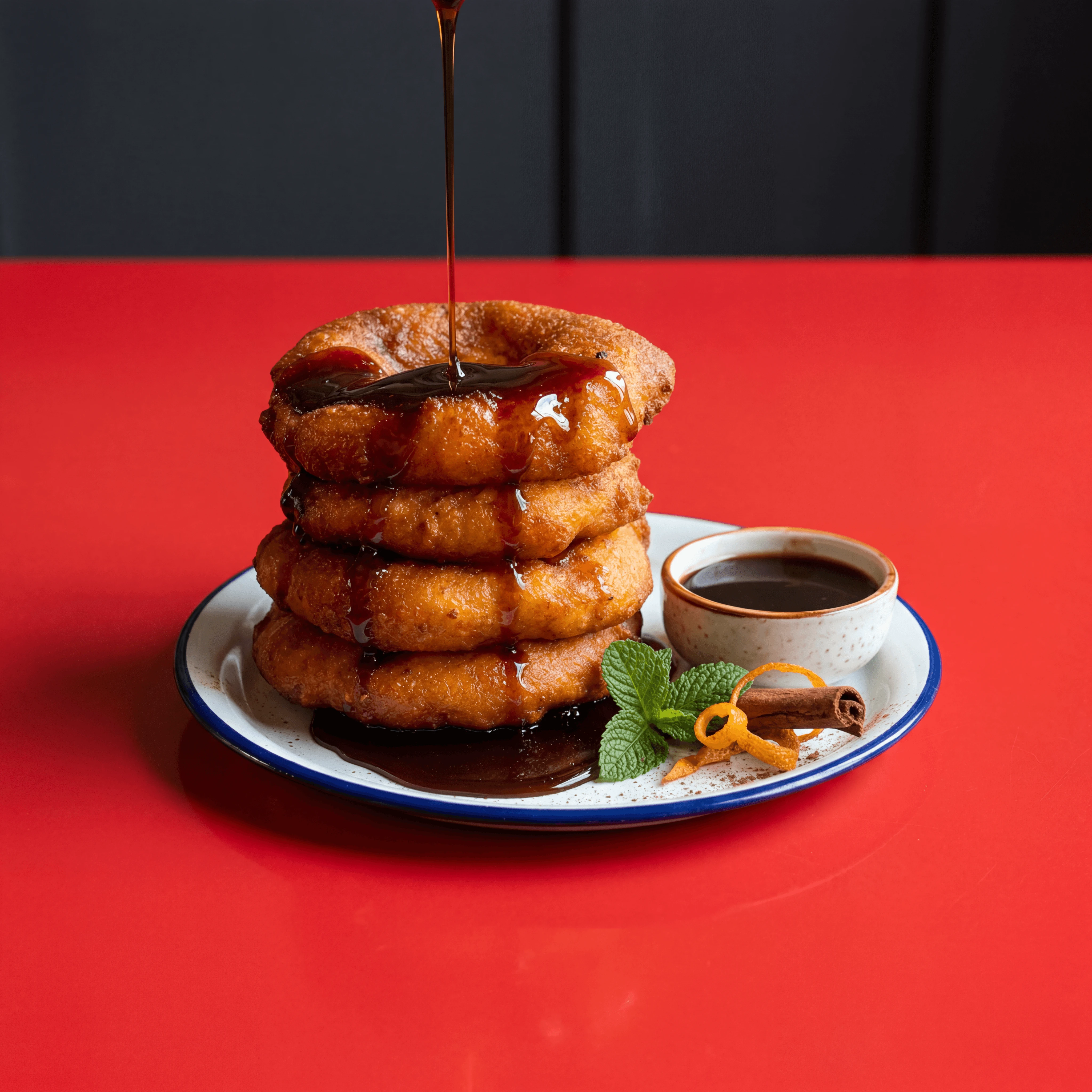 Picarones pumpkin donut rings chancaca syrup red cafe Peruvian dessert — picarones card photography