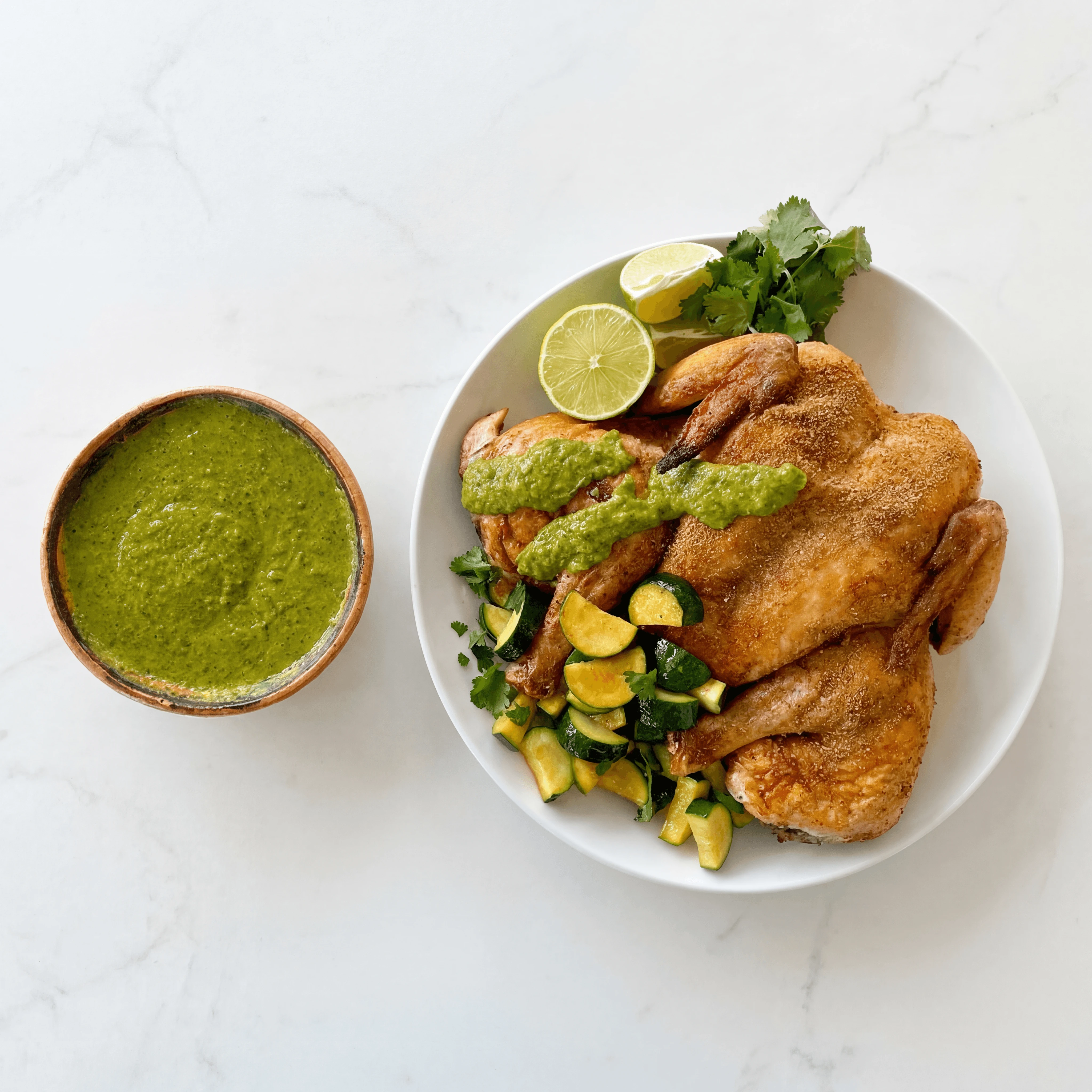Pollo a la brasa quarter chicken aji verde Peruvian fries plate — pollo a la brasa hero photography