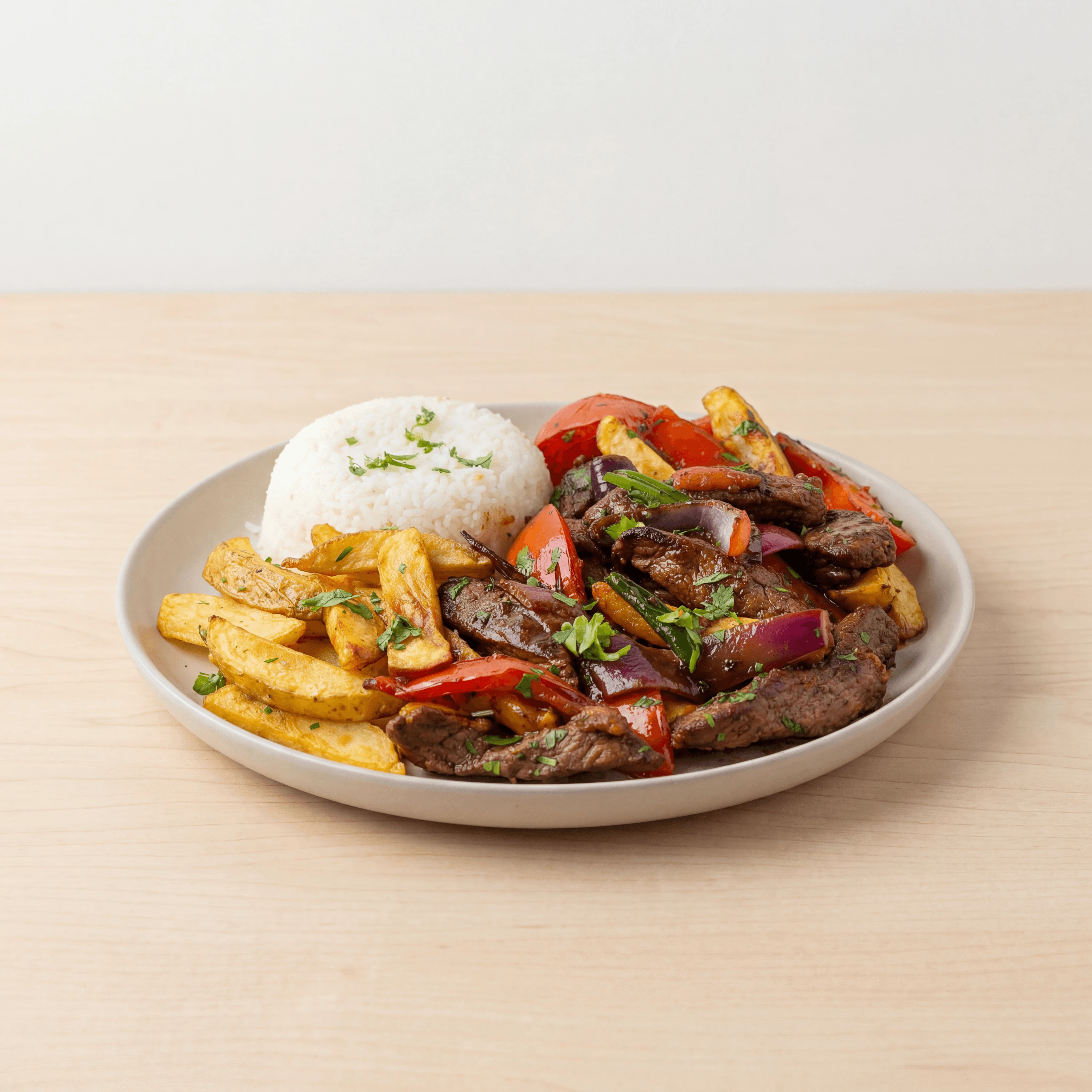 Lomo saltado beef stir fry onion tomato fries plate — lomo saltado hero photography