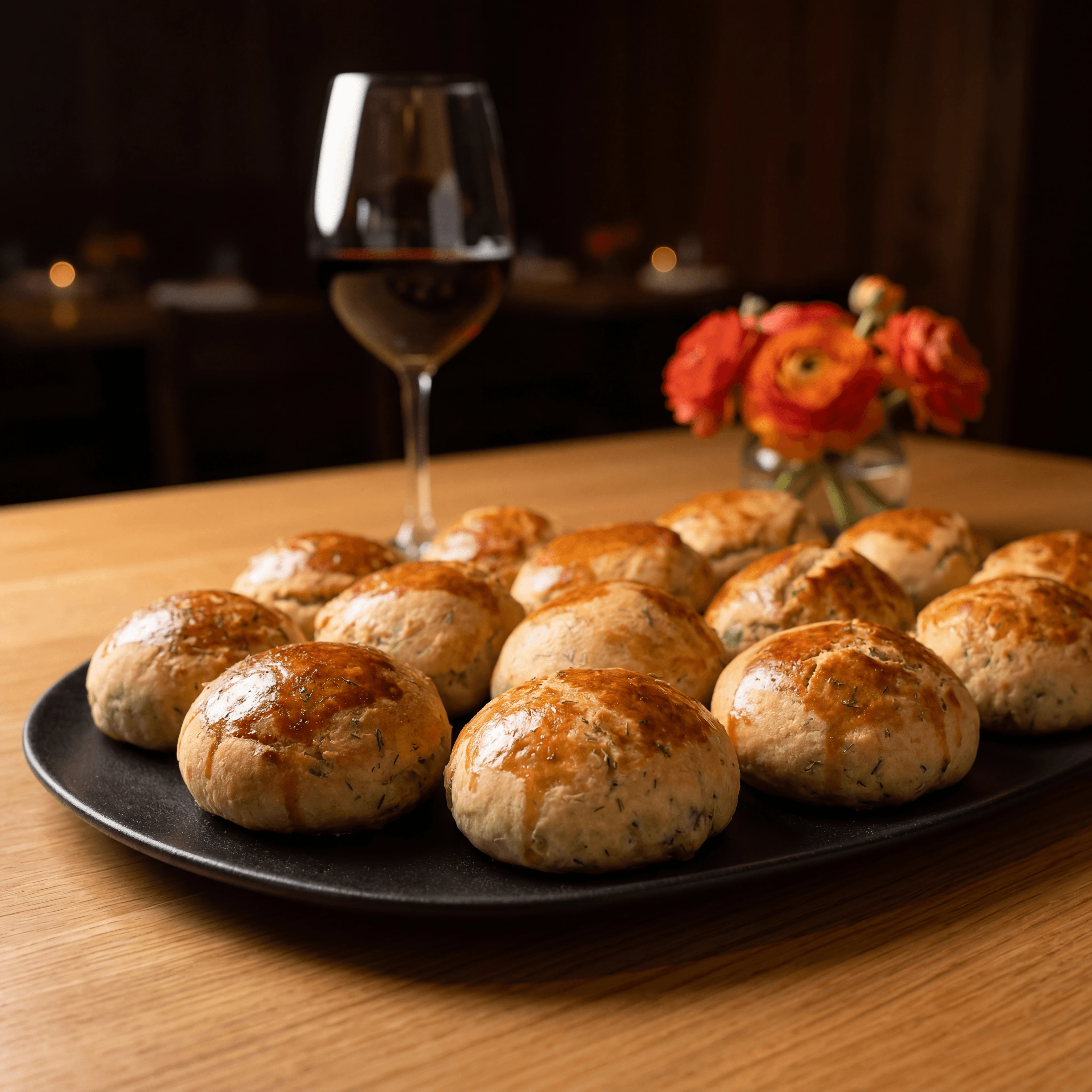 Golden garlic knots with Pecorino Romano and fresh parsley in cast iron skillet — pizzeria appetizer photography