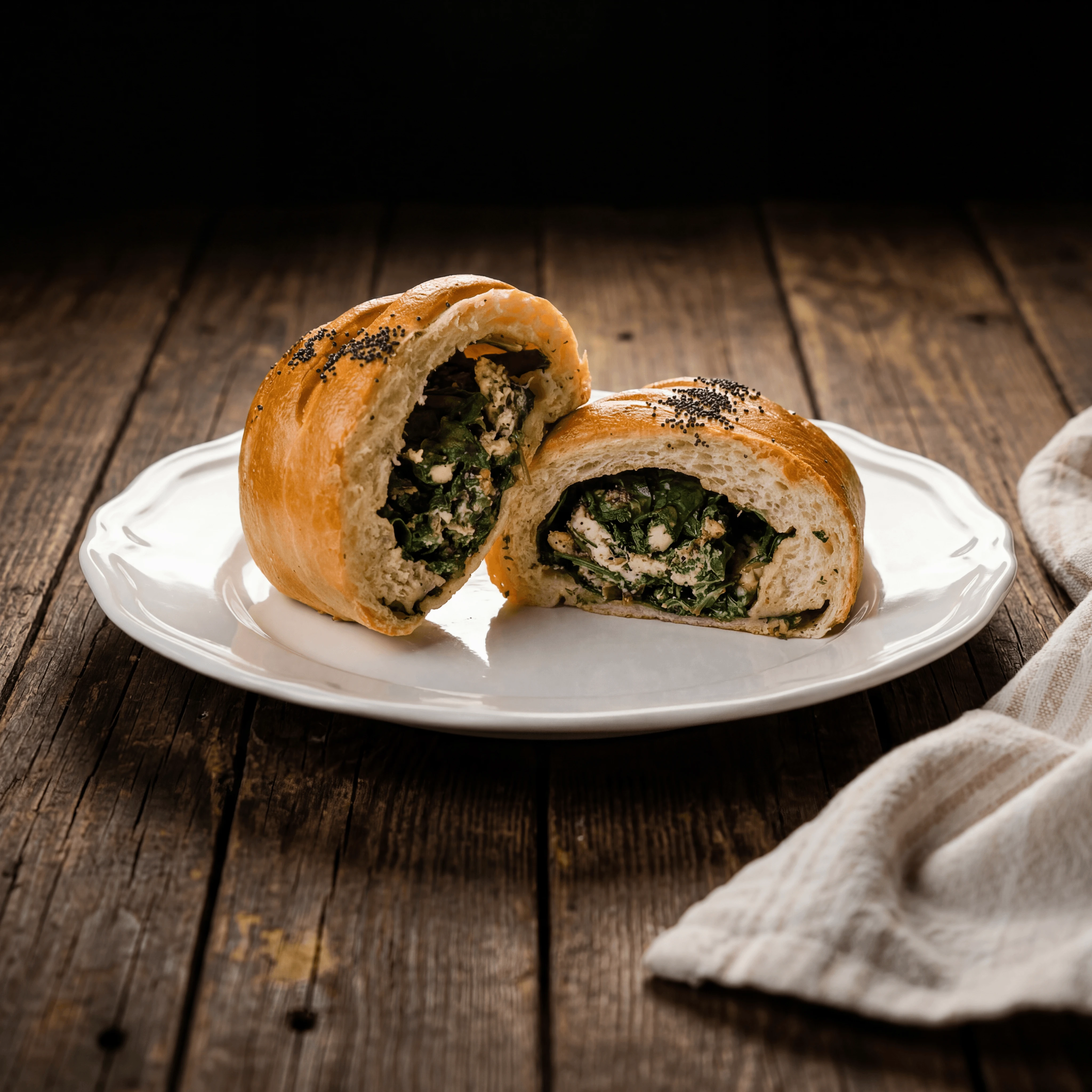 Sliced Italian sausage stromboli with provolone cheese spiral — calzone and stromboli photography