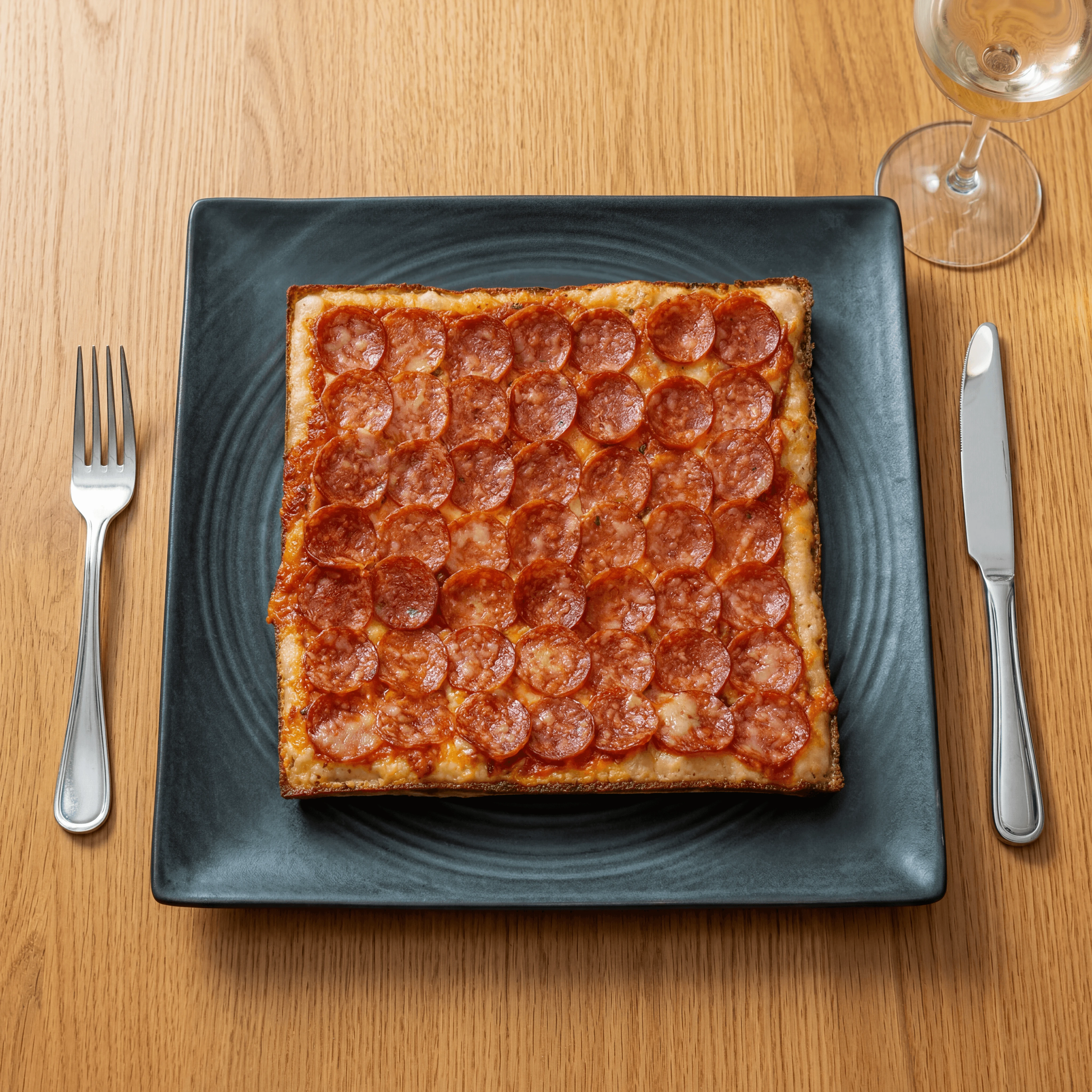 Detroit-style square pizza with caramelized frico cheese edges and red-top sauce — pizza shop photography