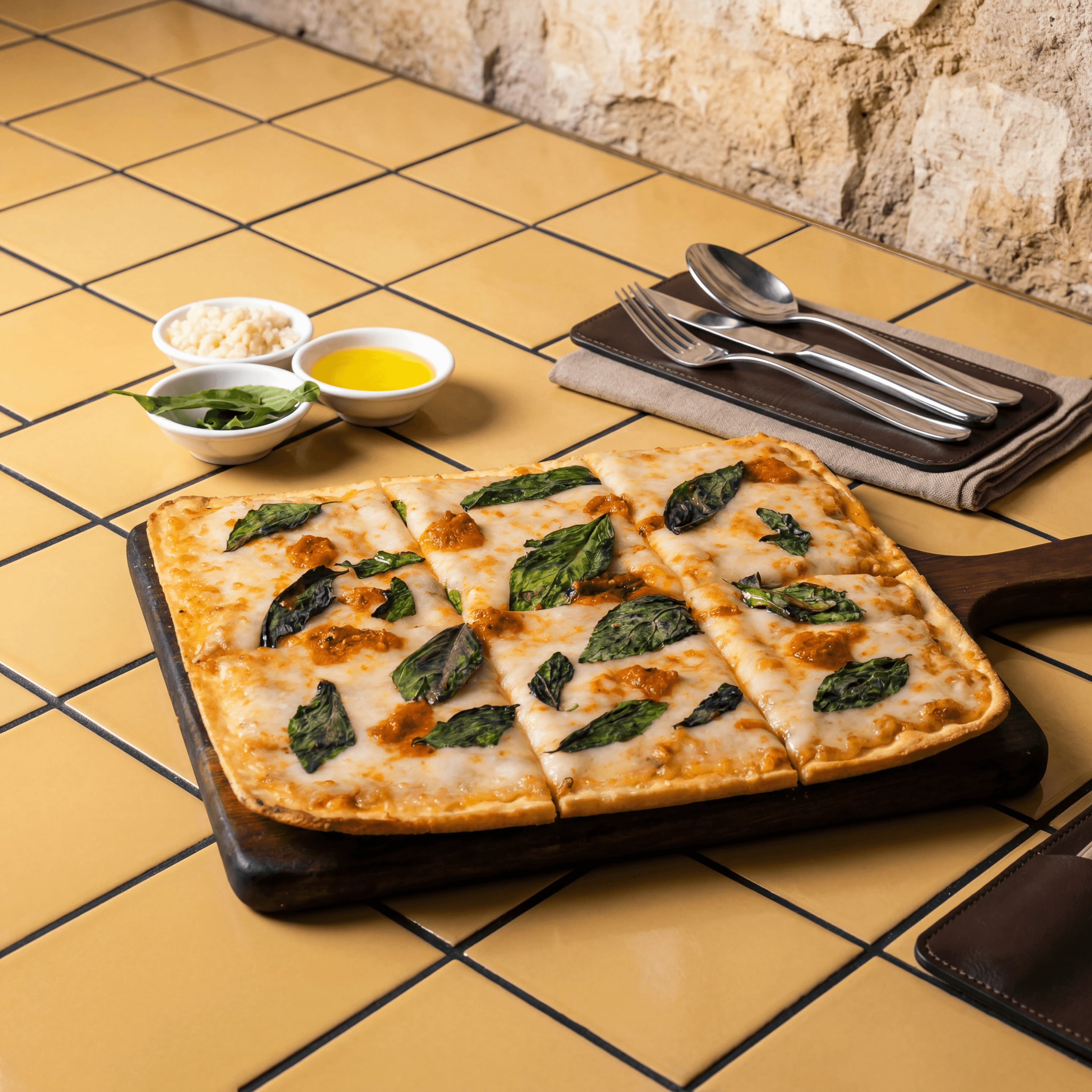 Roman pizza al taglio rectangular slices with mortadella, pistachio and tomato — Italian pizzeria photography