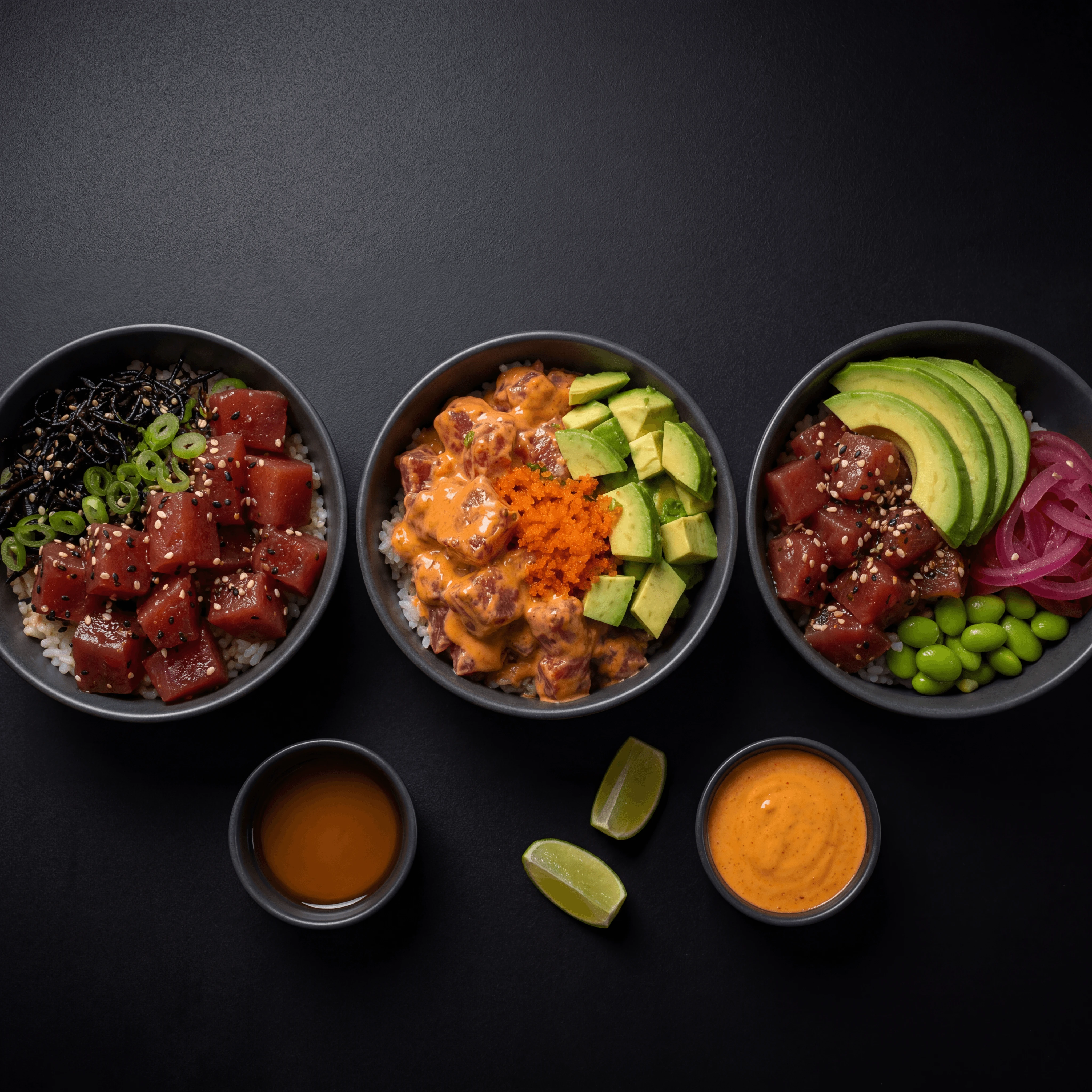 Three ahi tuna poke bowls overhead row dark monolith dramatic — ahi tuna card photography