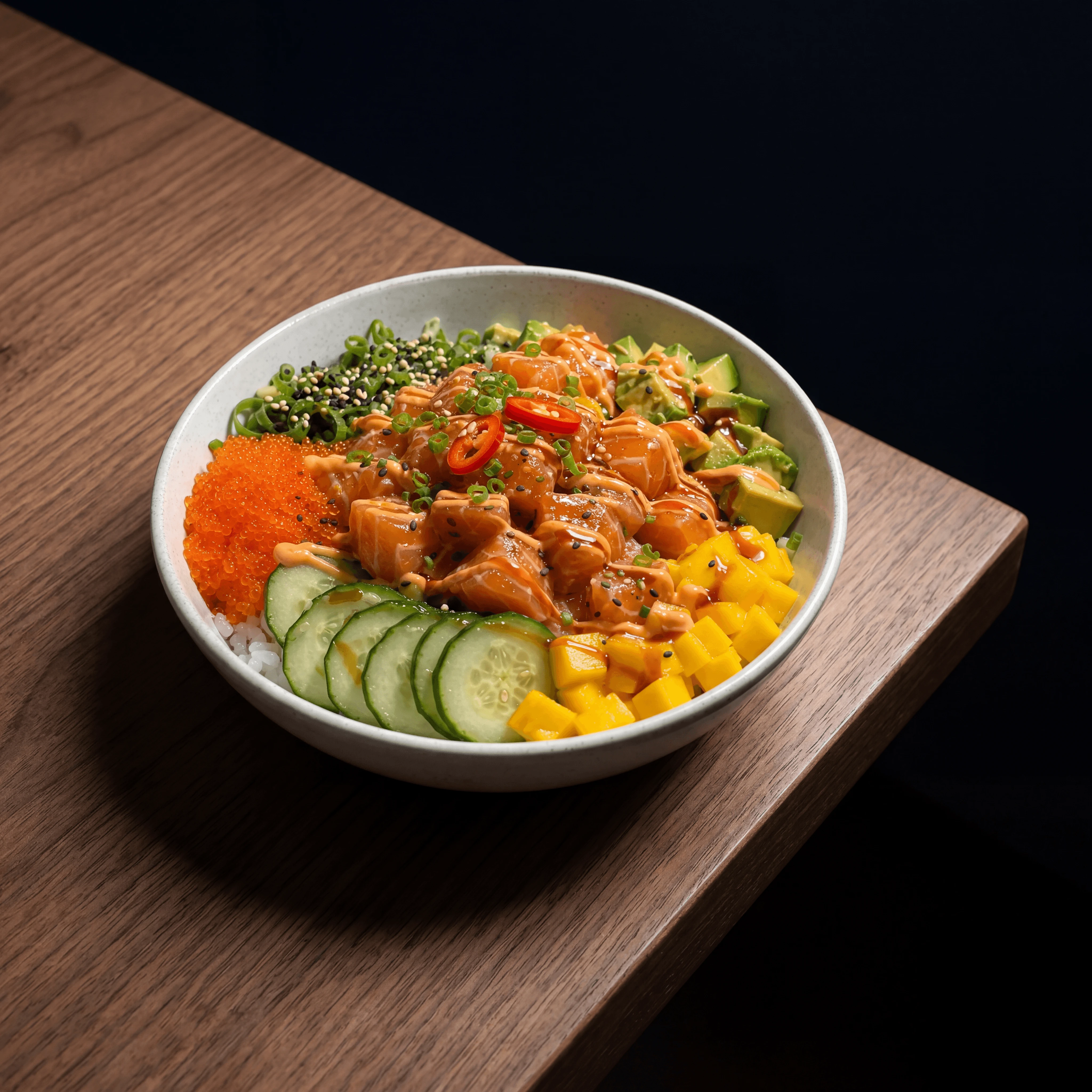 Salmon poke bowl dark walnut dramatic cubes avocado mango — salmon poke card photography
