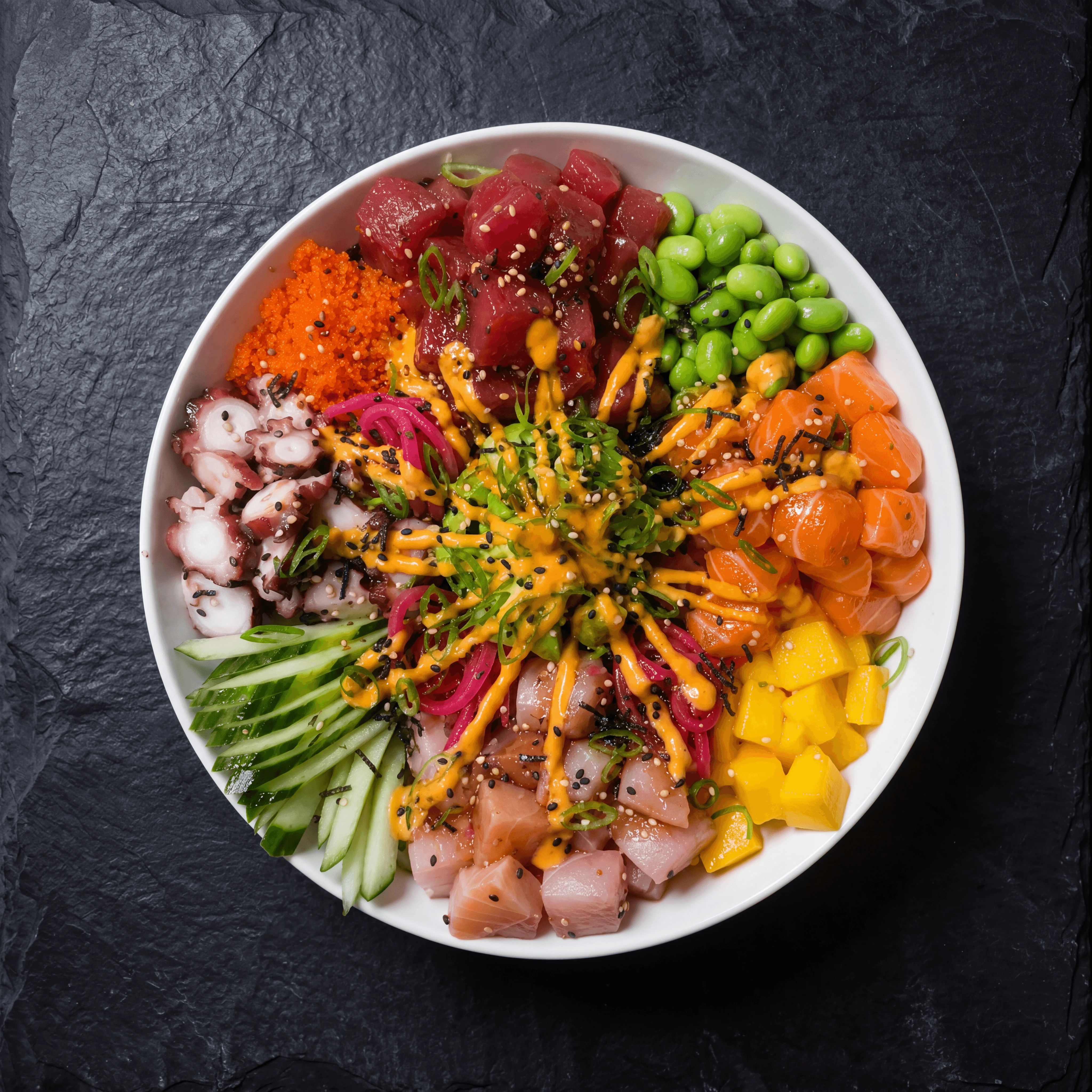 Rainbow poke bowl tri-color fish dramatic dark slate topdown — rainbow bowl card photography