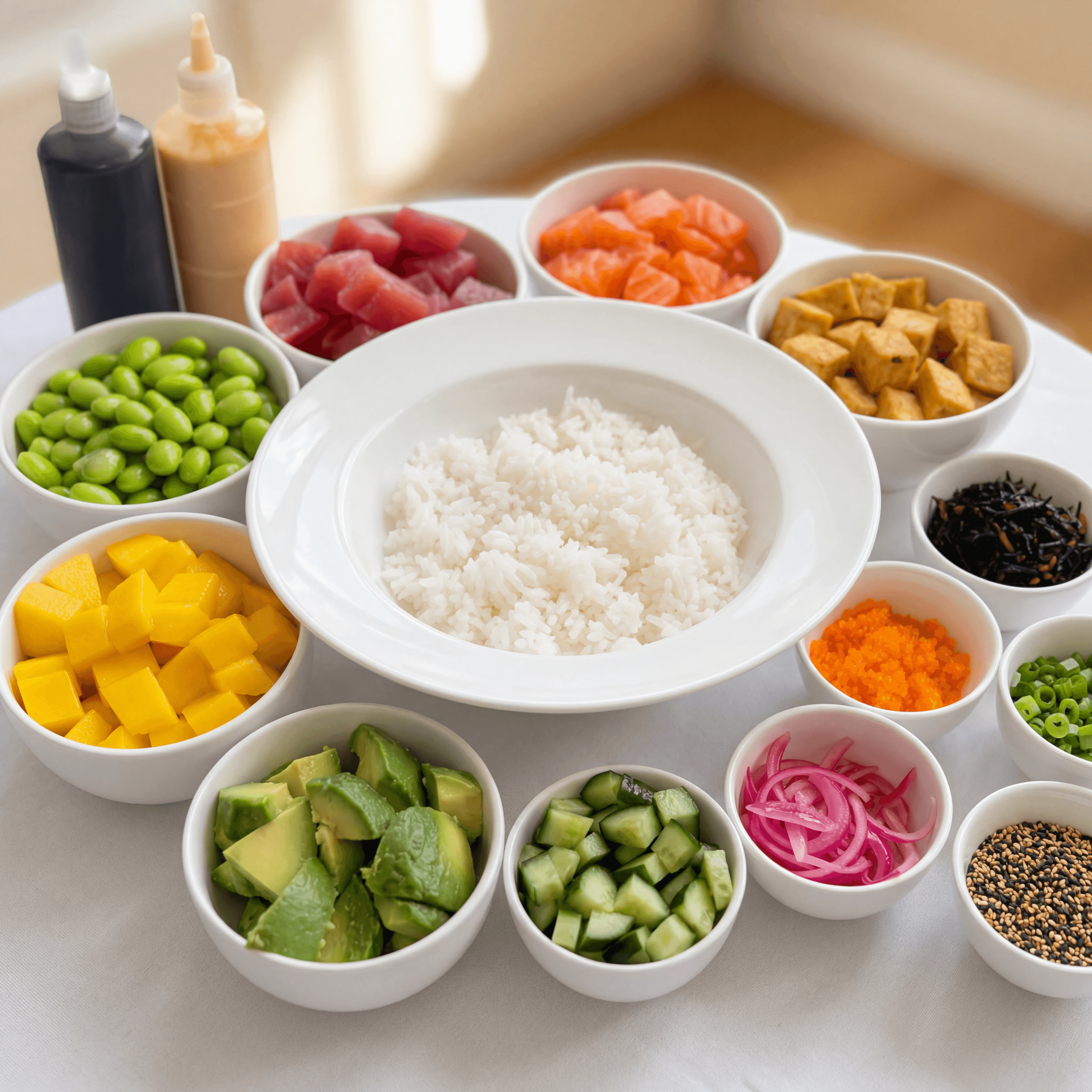Build your own bowl topping array overhead bright bistro assembly station — build your own card photography