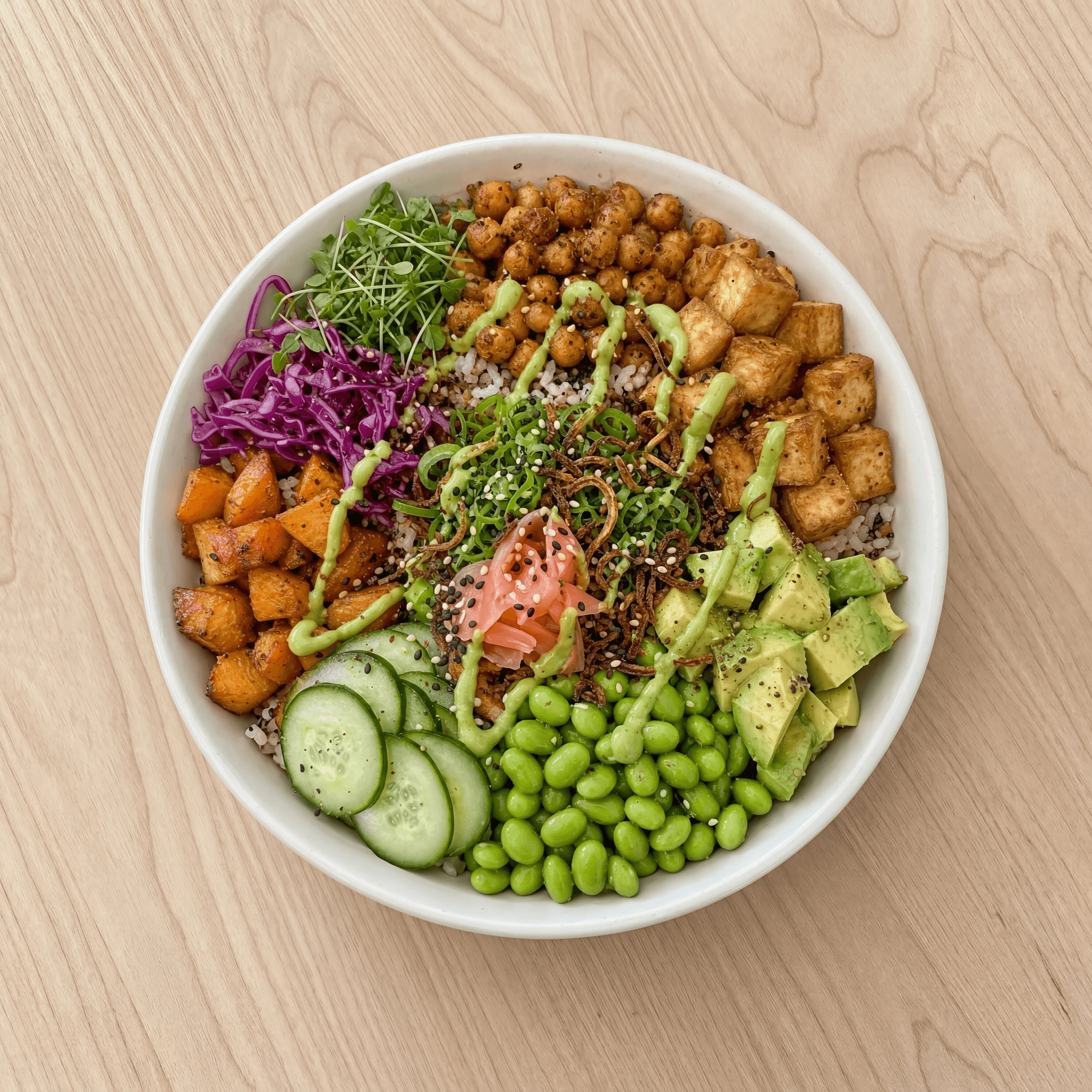 Vegetarian poke bowl chickpea tofu light wood top down — vegetarian poke bowl card photography