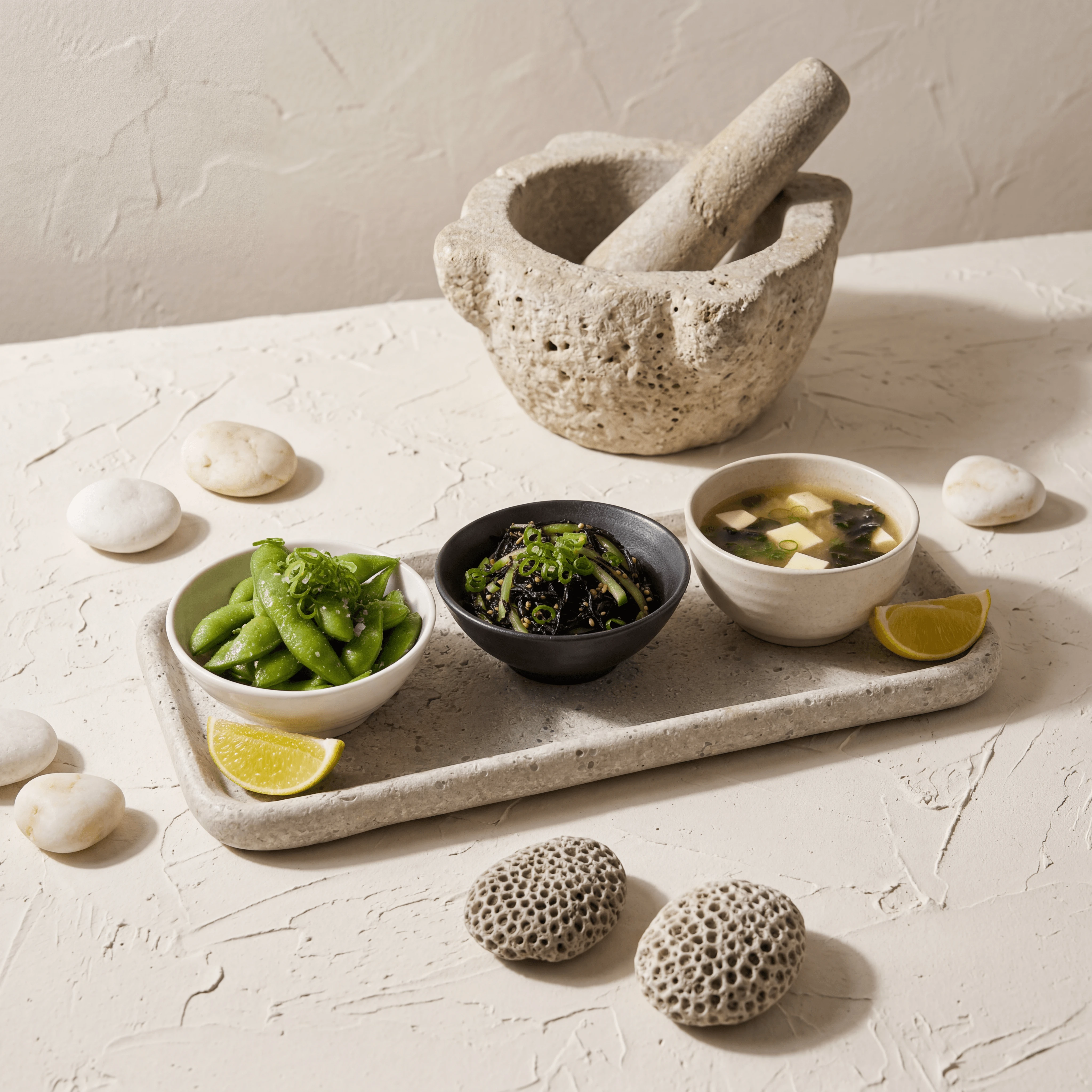 Three side bowls edamame seaweed miso coastal stone — side bowls card photography