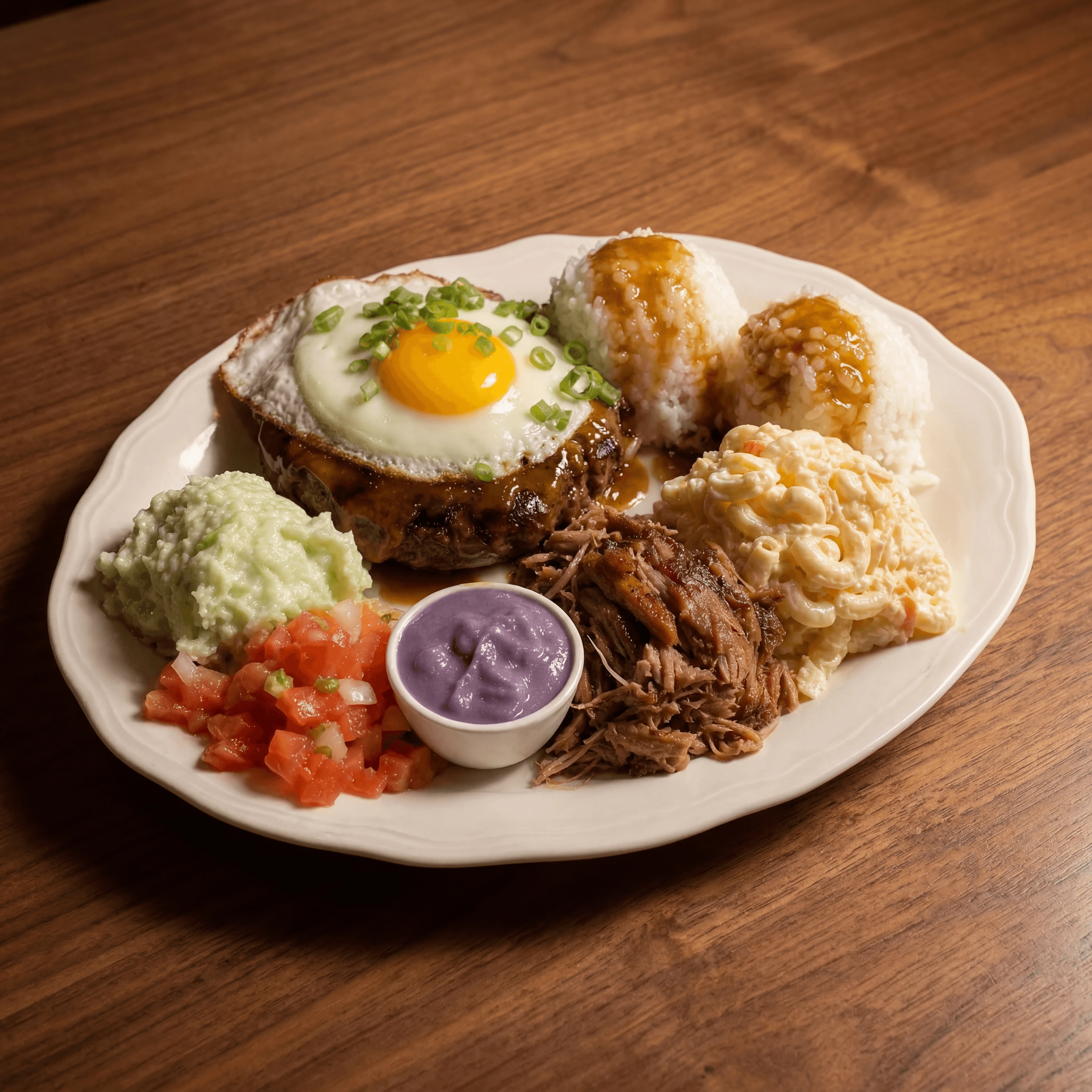 Hawaiian plate lunch kalua pig two scoop rice mac salad warm cantina — Hawaiian plate lunch card photography