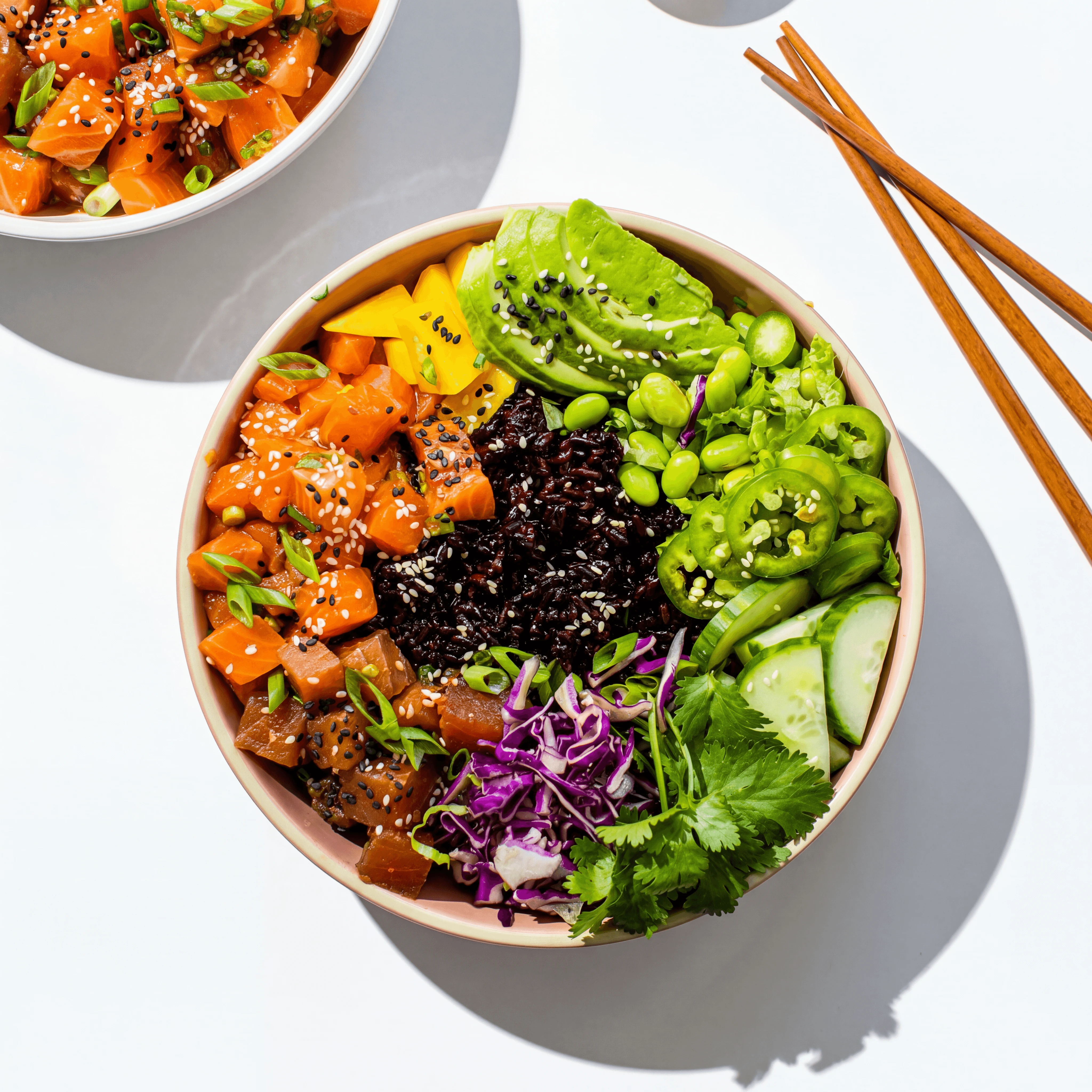 Rainbow poke bowl overhead tuna salmon edamame avocado mango — rainbow poke bowl hero photography