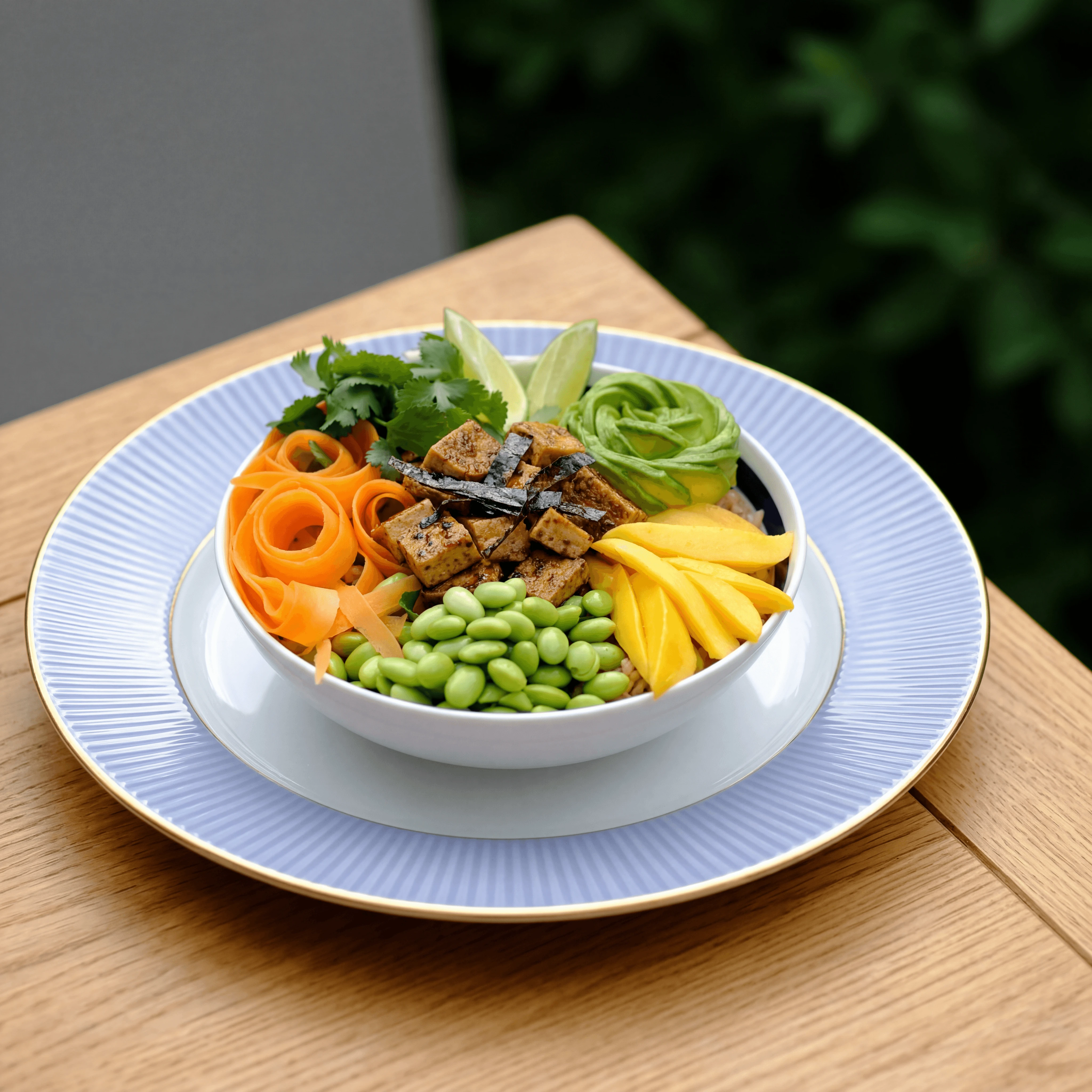 Vegetarian tofu poke bowl overhead avocado edamame chickpeas — vegetarian poke bowl hero photography