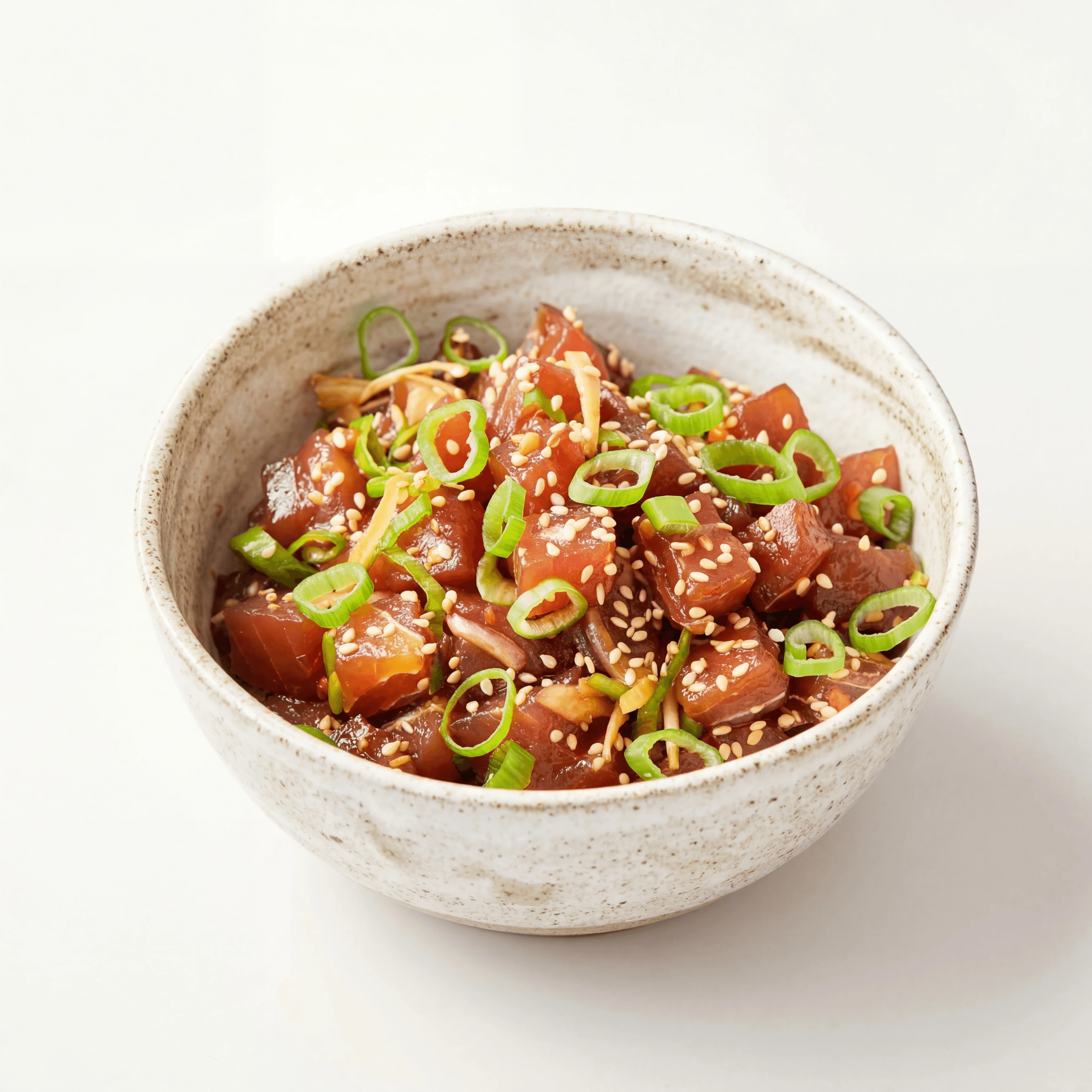 Spicy tuna poke bowl three quarter angle close up scallion sesame — spicy tuna poke hero photography