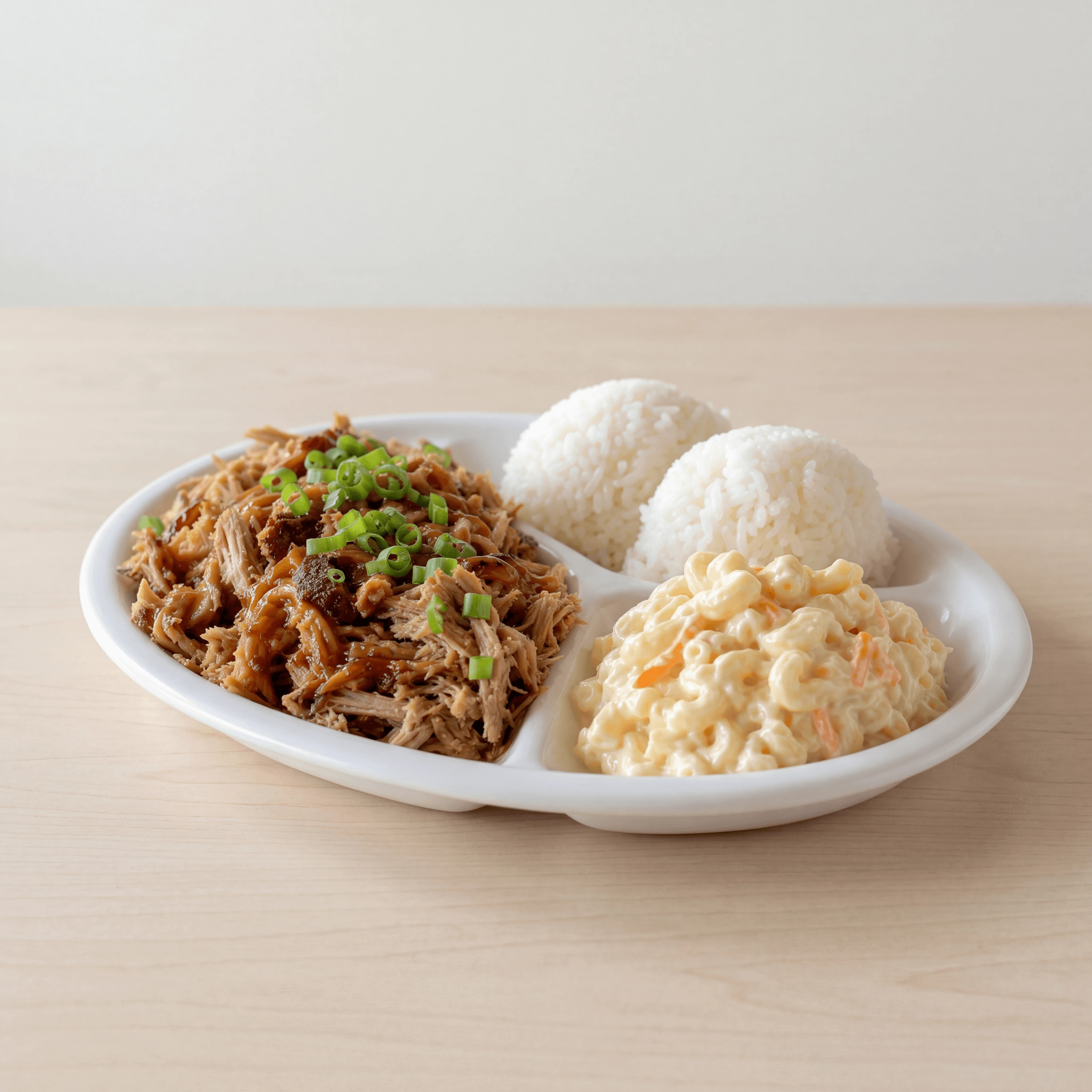 Hawaiian plate lunch kalua pig rice mac salad three quarter — Hawaiian plate lunch hero photography
