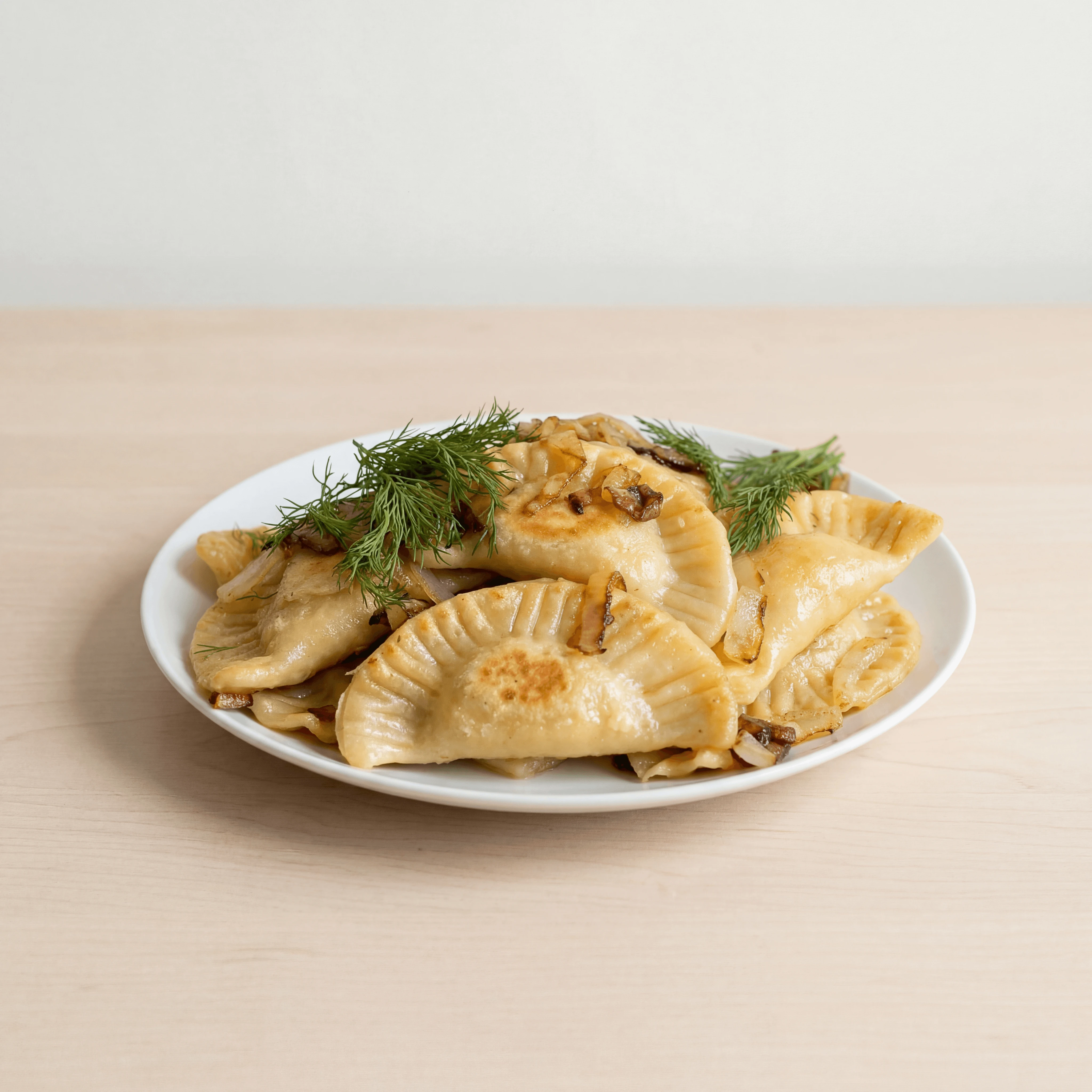 Pierogi kuldses võis praetud karamelliseeritud sibul hapukoor volditud servaga taldrik — pierogi hero-fotograafia