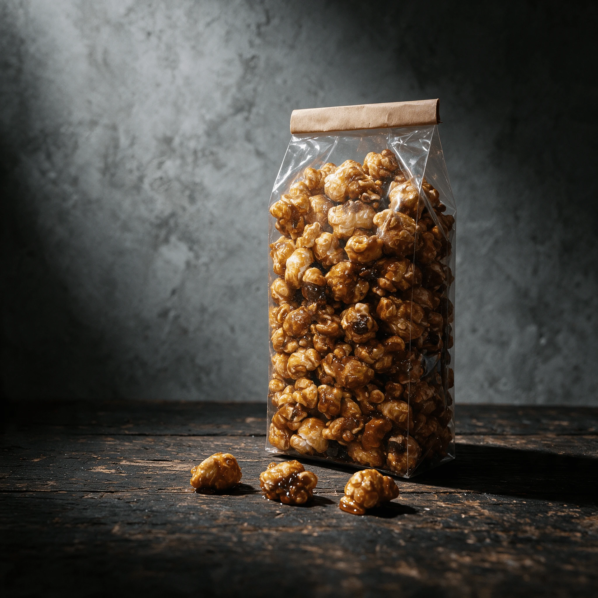Single sealed clear cellophane bag of glossy caramel-coated popcorn standing upright on a bright white sweep