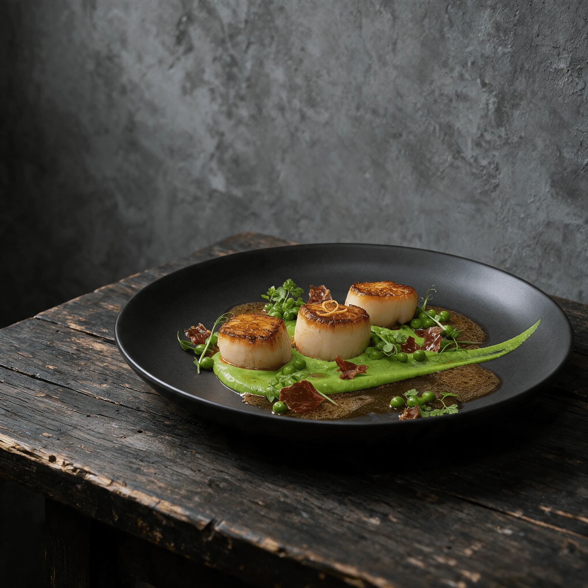 Three seared sea scallops with a green pea puree swoosh and brown butter sauce plated on a matte black stoneware plate