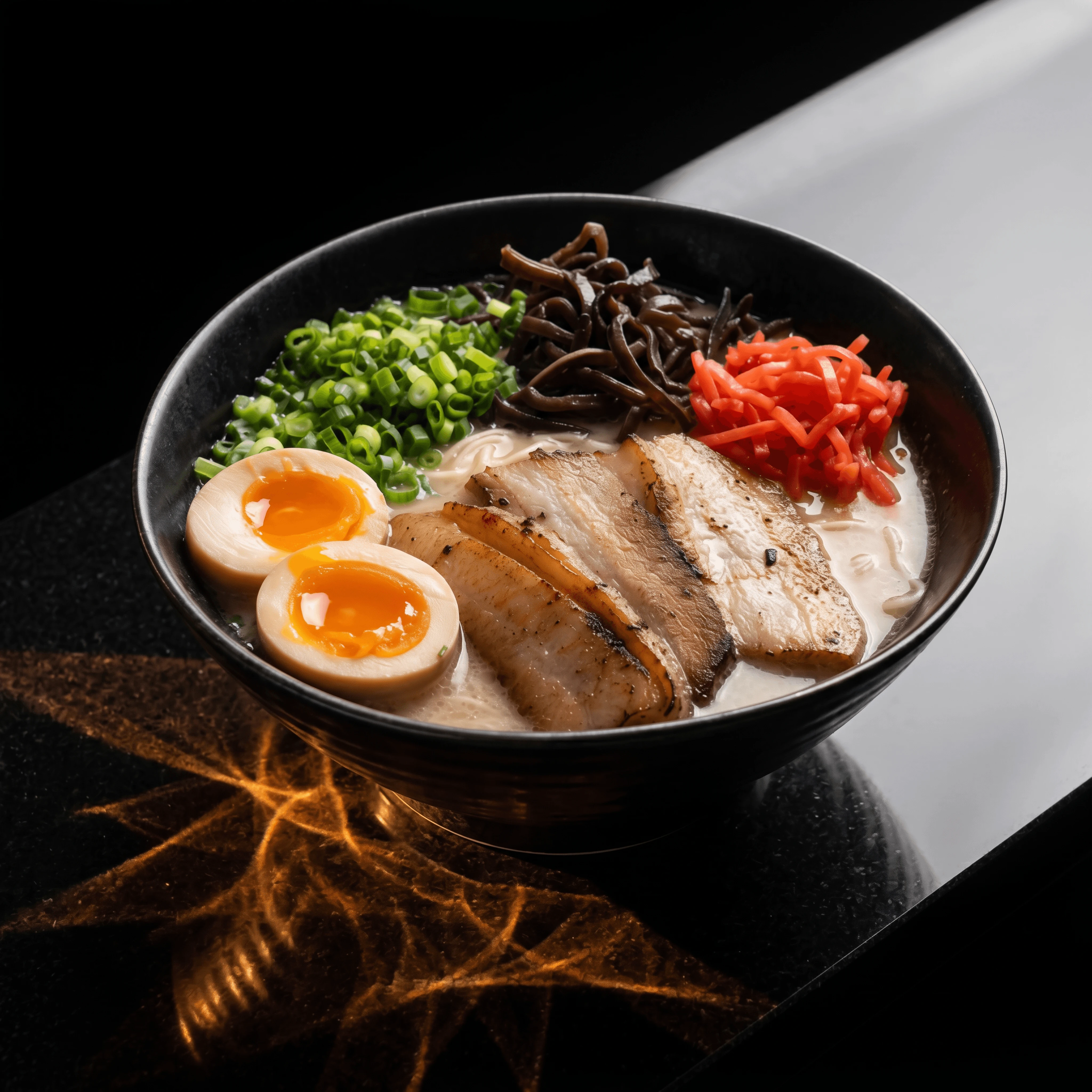 Tonkotsu ramen cloudy cream broth chashu Hakata Japan macro — tonkotsu card photography
