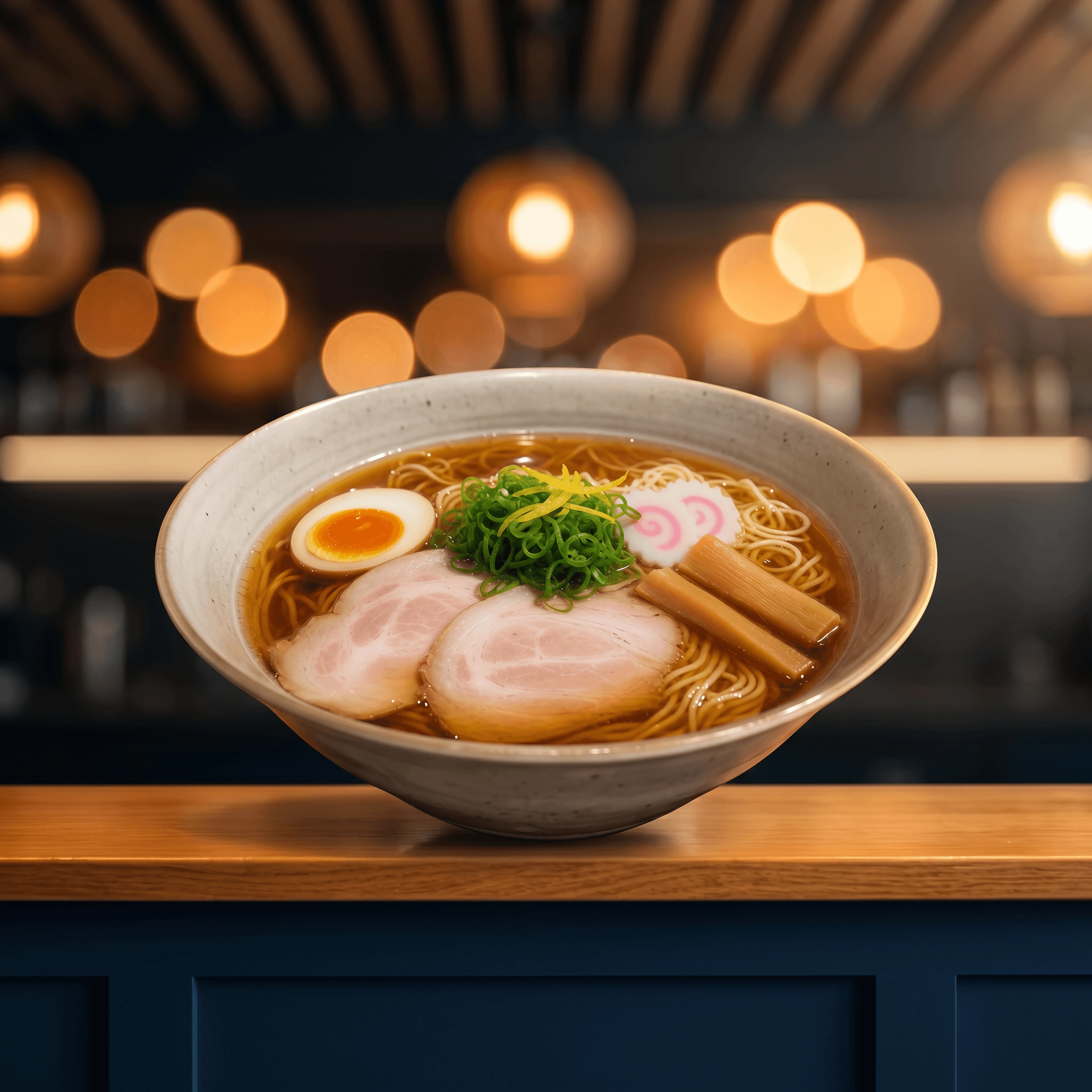 Tokyo shoyu ramen clear amber broth chicken base — shoyu ramen card photography