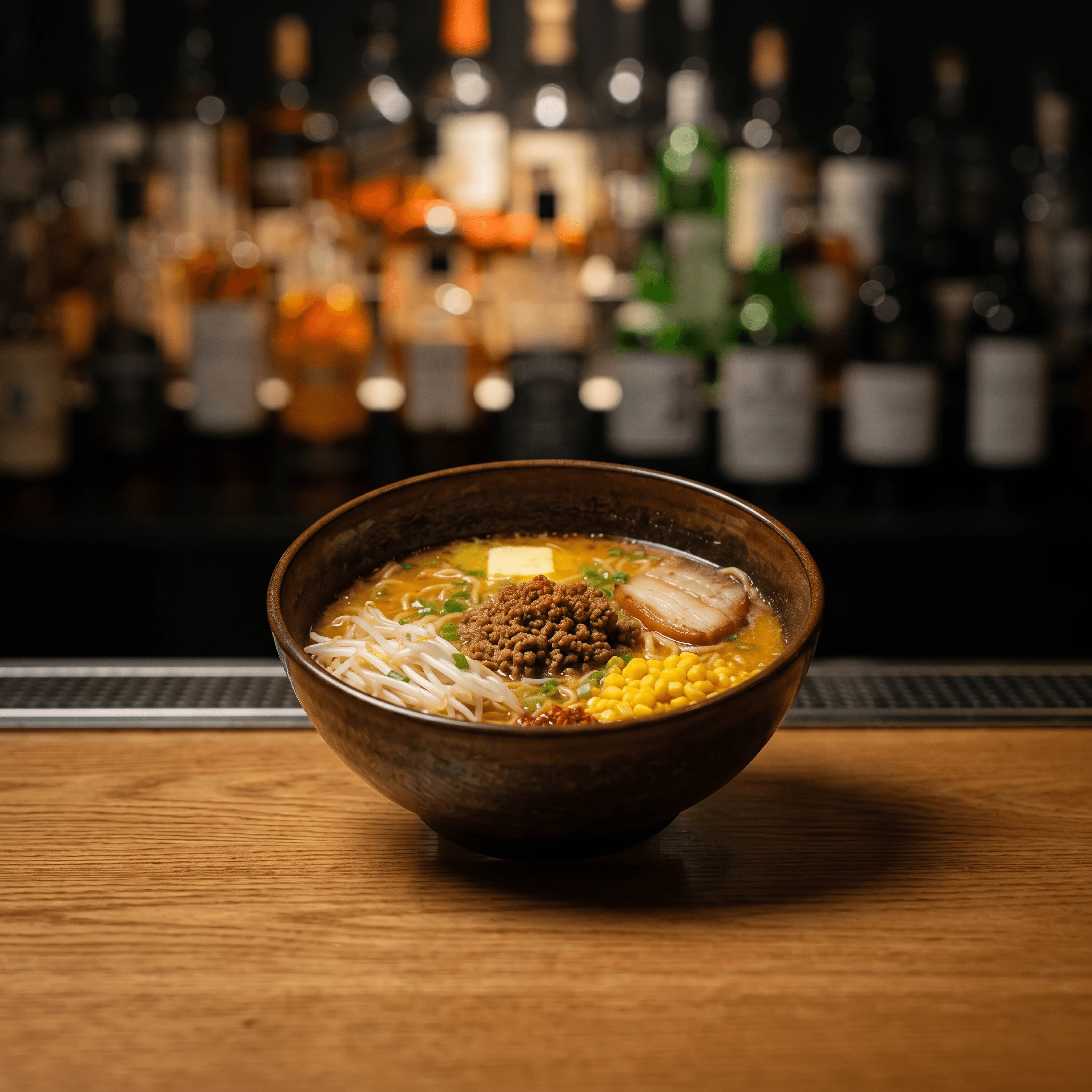 Sapporo miso ramen hearty orange broth ground pork corn moody — miso ramen card photography