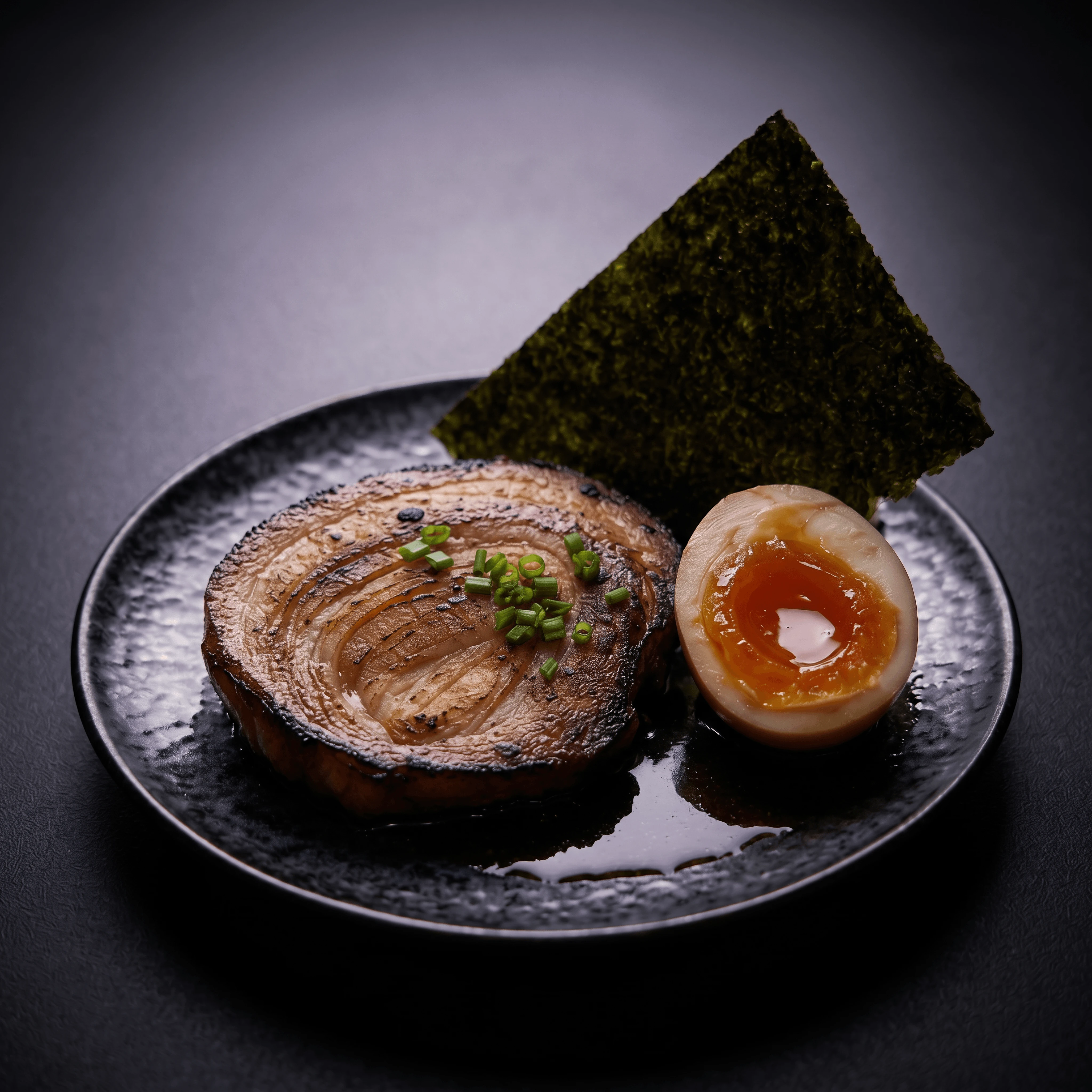 Chashu pork belly ajitama egg nori sheet topping macro Michelin — ramen topping macro card photography