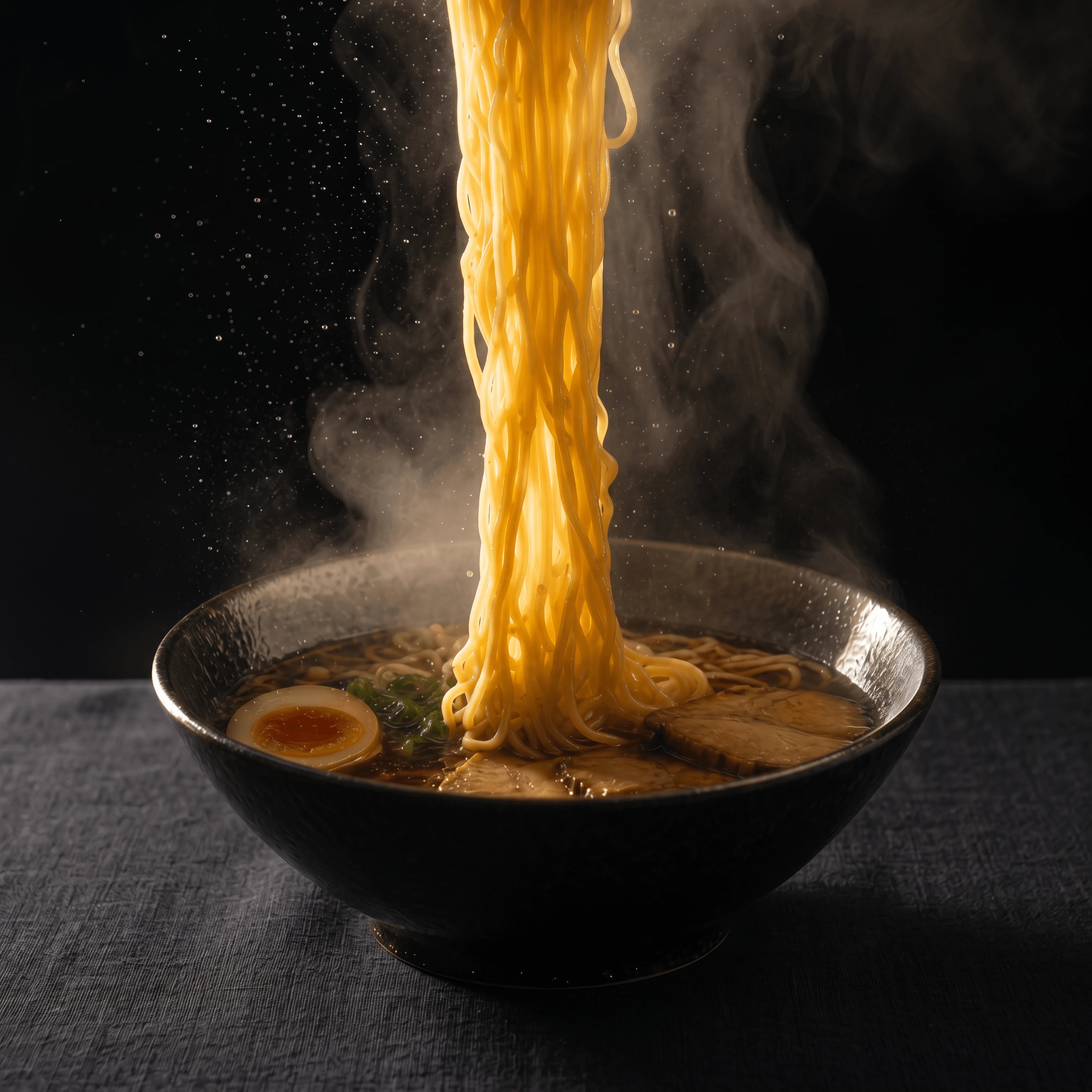 Suspended ramen noodle pull mid air backlit dramatic — noodle pull card photography