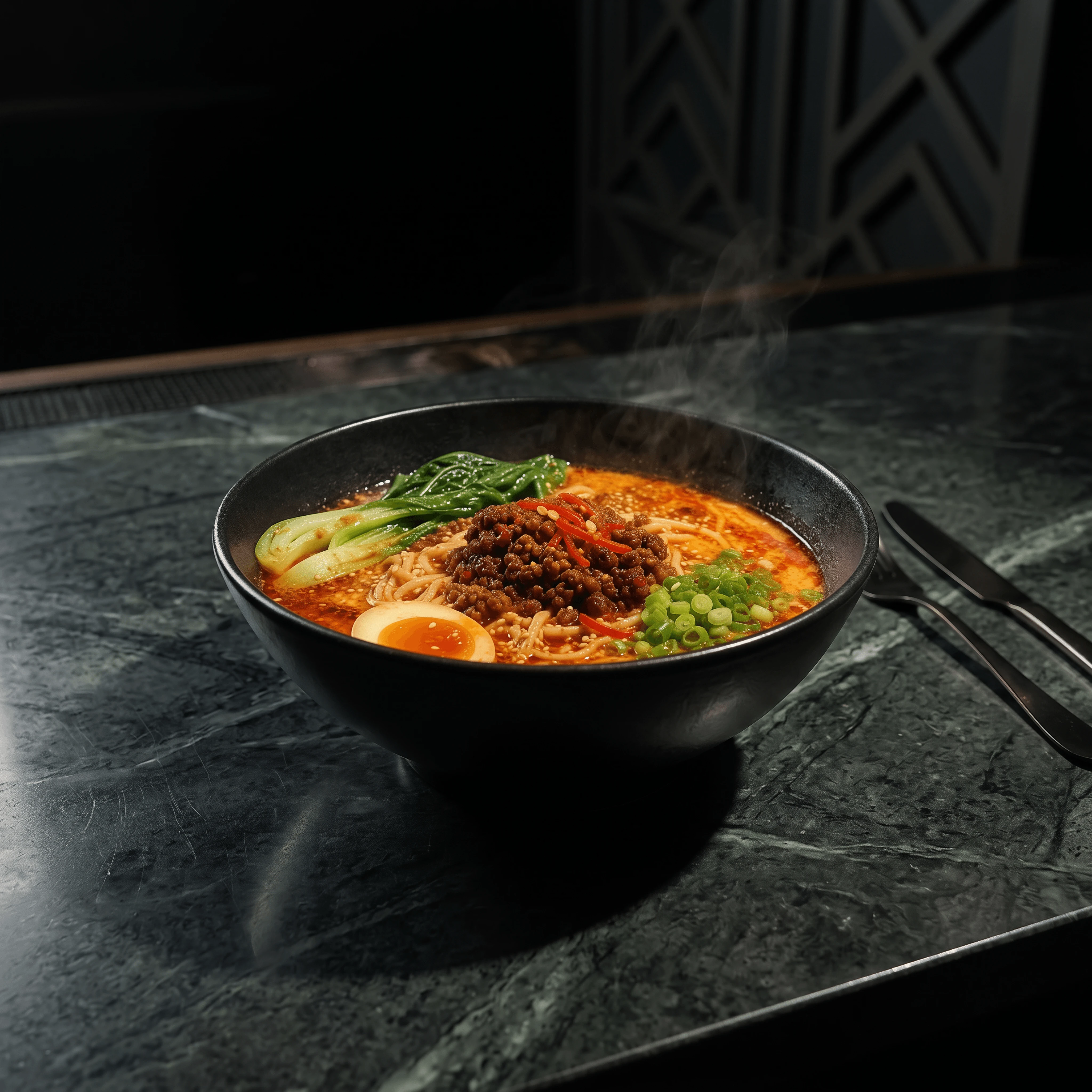 Tantanmen spicy ramen red chili oil sesame paste ground pork — spicy ramen card photography