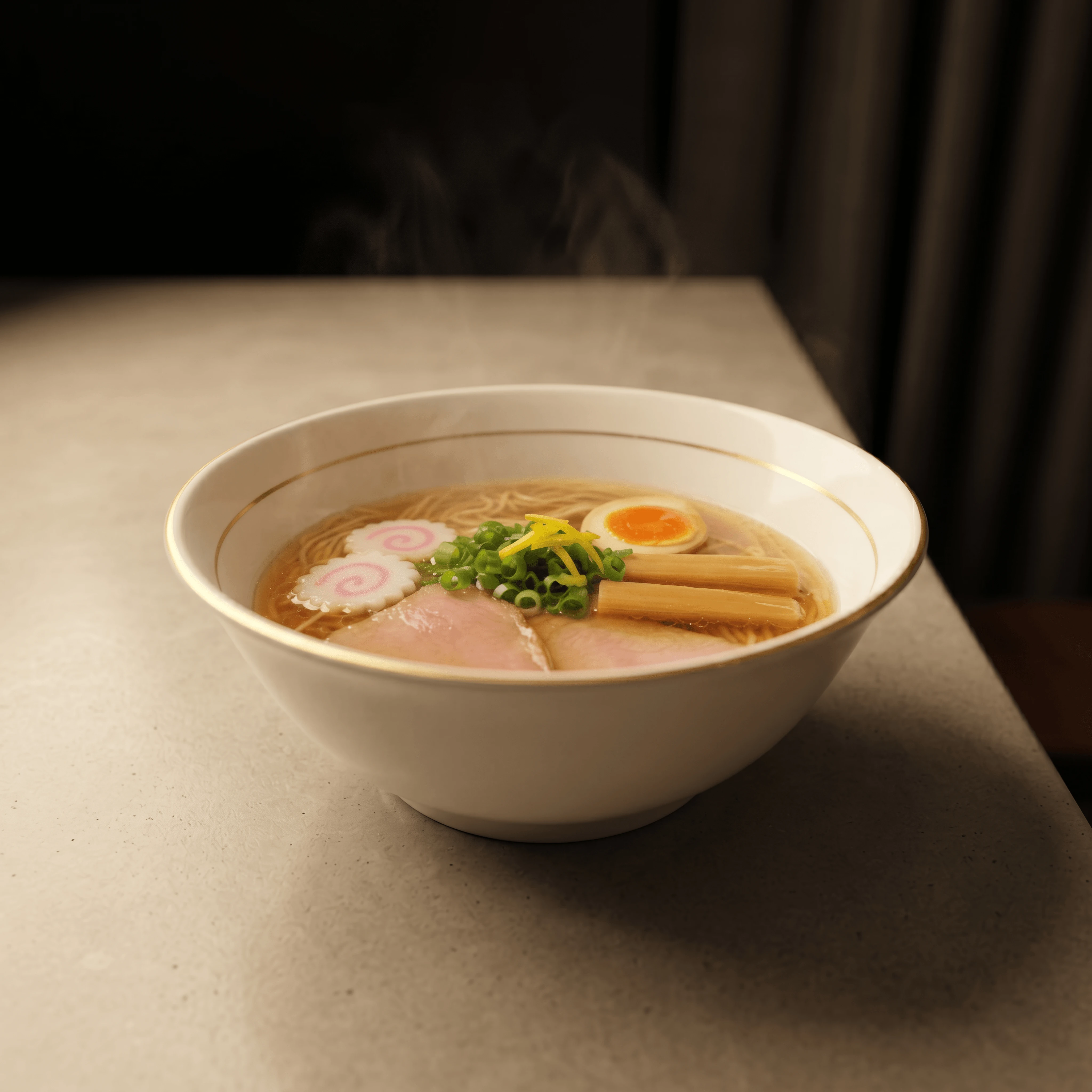 Tokyo shoyu ramen clear amber broth menma narutomaki scallions — Japanese clear broth hero photography