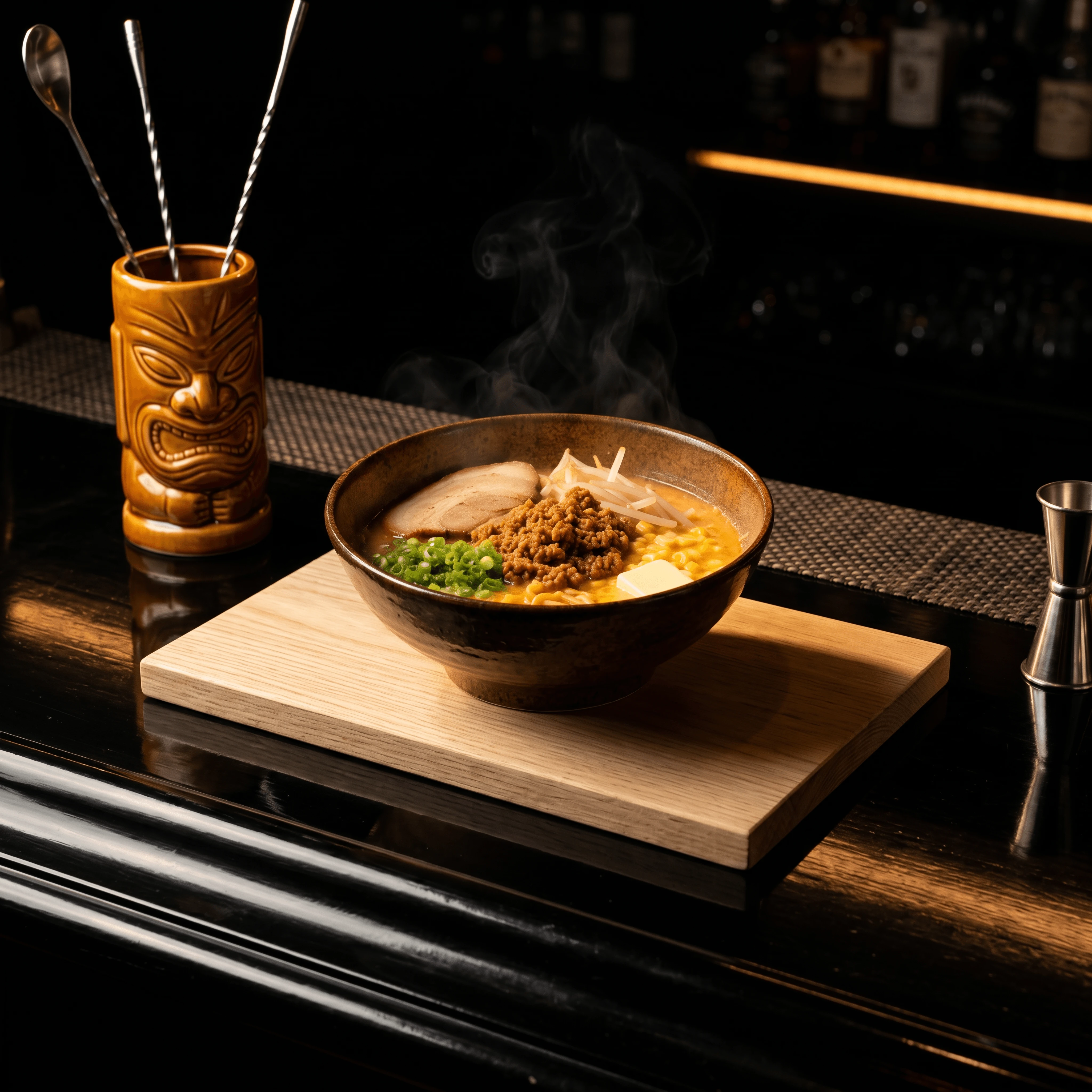 Sapporo miso ramen hearty orange broth corn butter ground pork bean sprouts — Japanese miso ramen hero photography