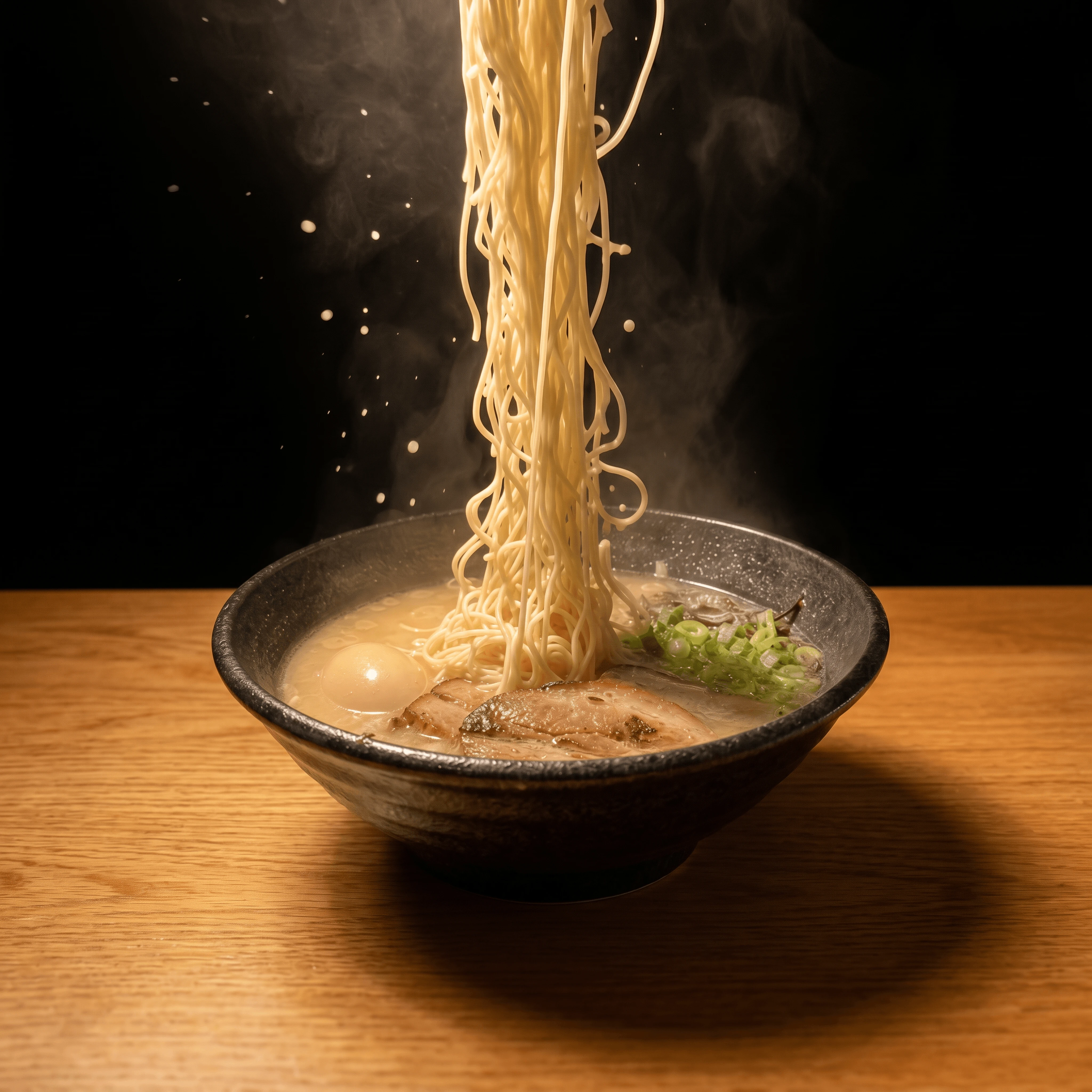 Suspended ramen noodle pull mid air steam broth bowl below — noodle pull action hero photography