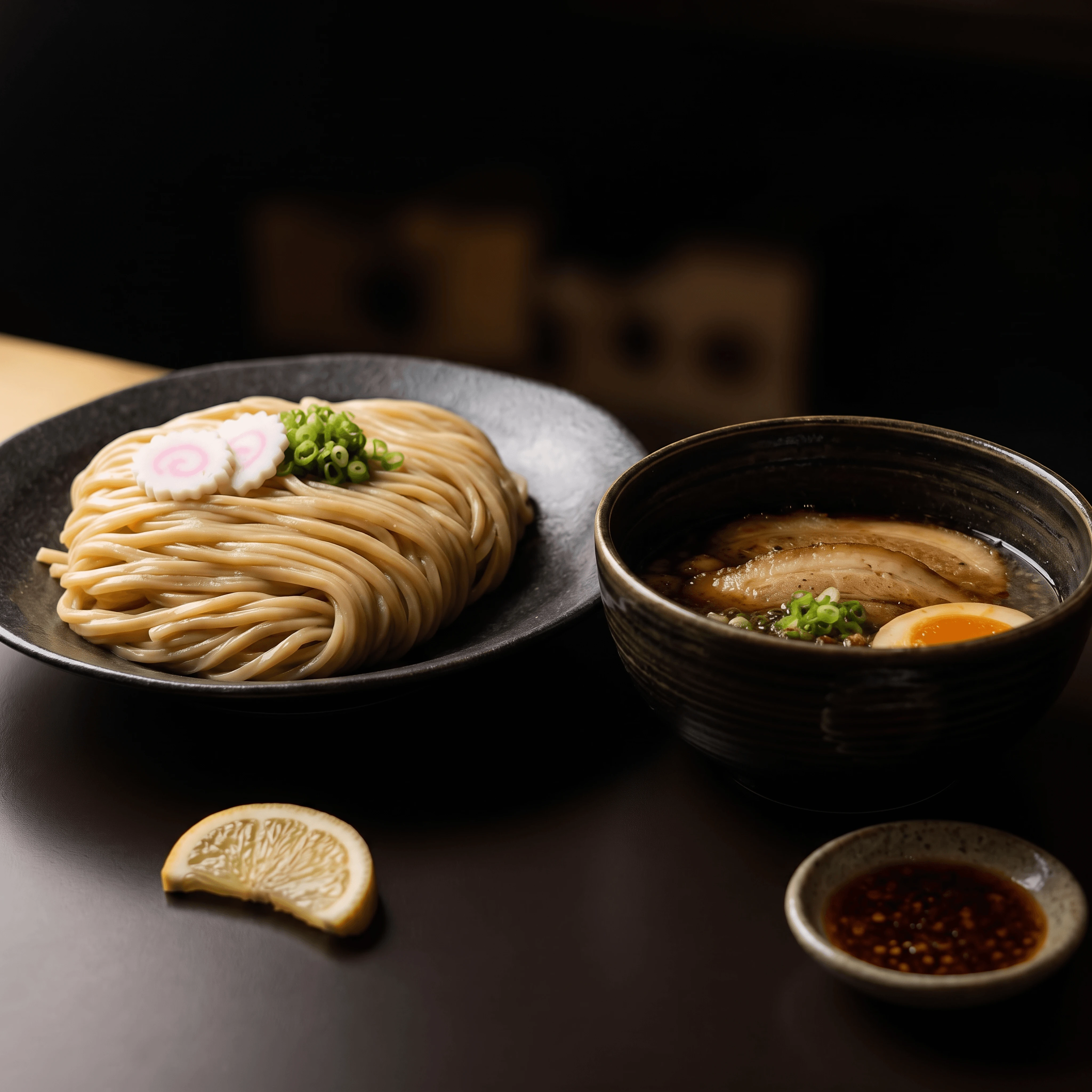 Tsukemen dipping ramen cold noodles separate plate hot dipping broth — Tokyo tsukemen hero photography