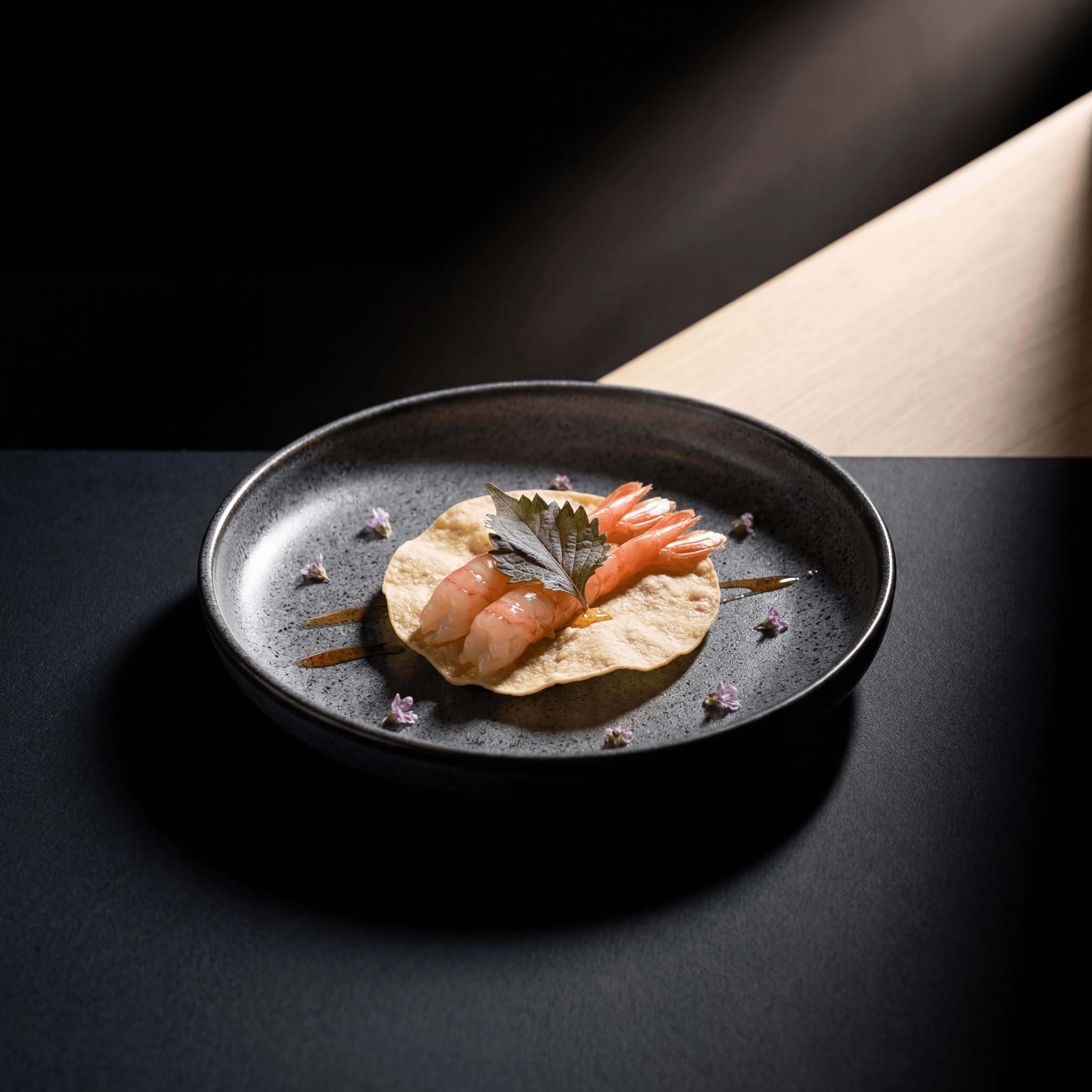 Appetizer plated on dark ceramic with garnish — restaurant starter food photography
