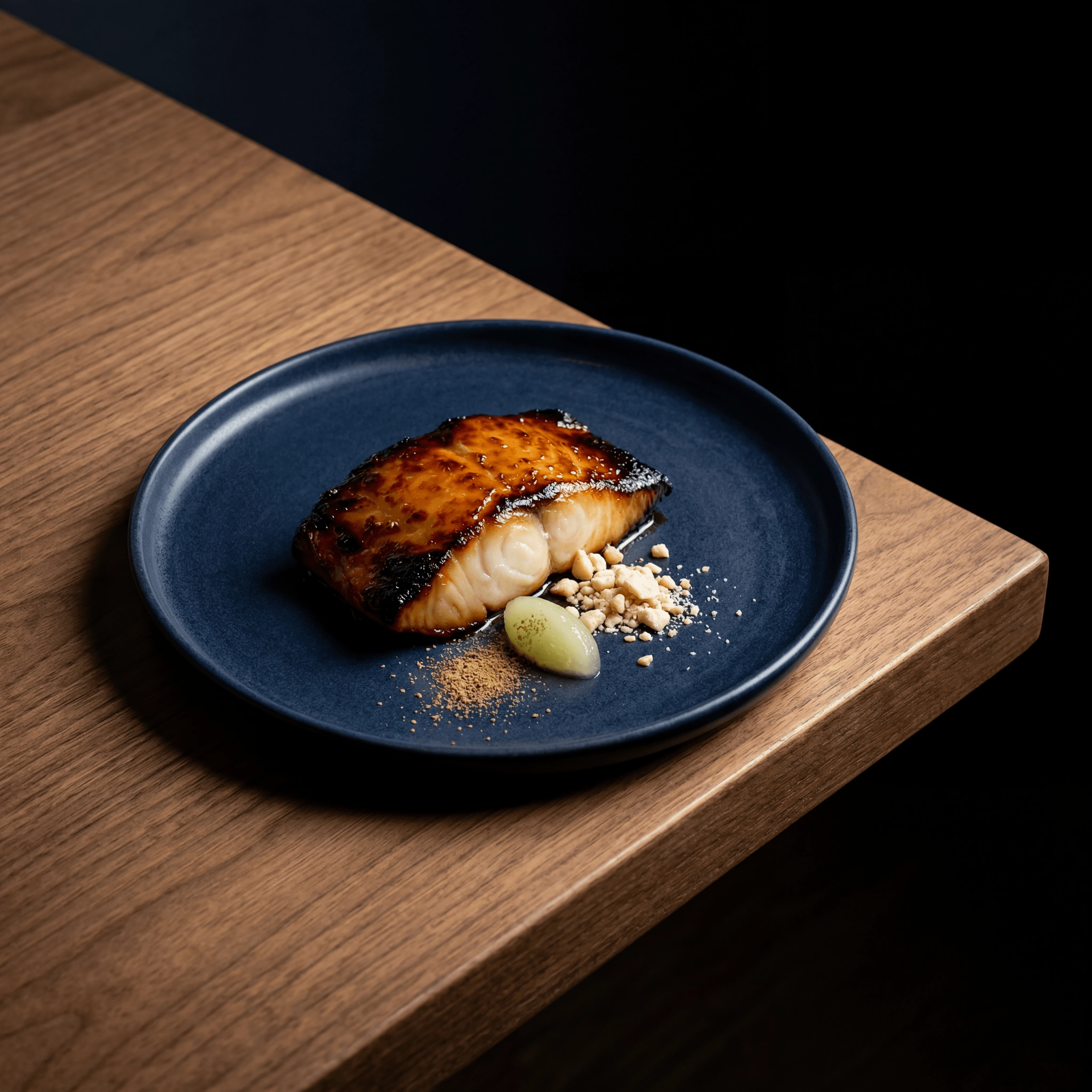 Pan-seared main course with sauce and vegetables — restaurant entrée menu photography