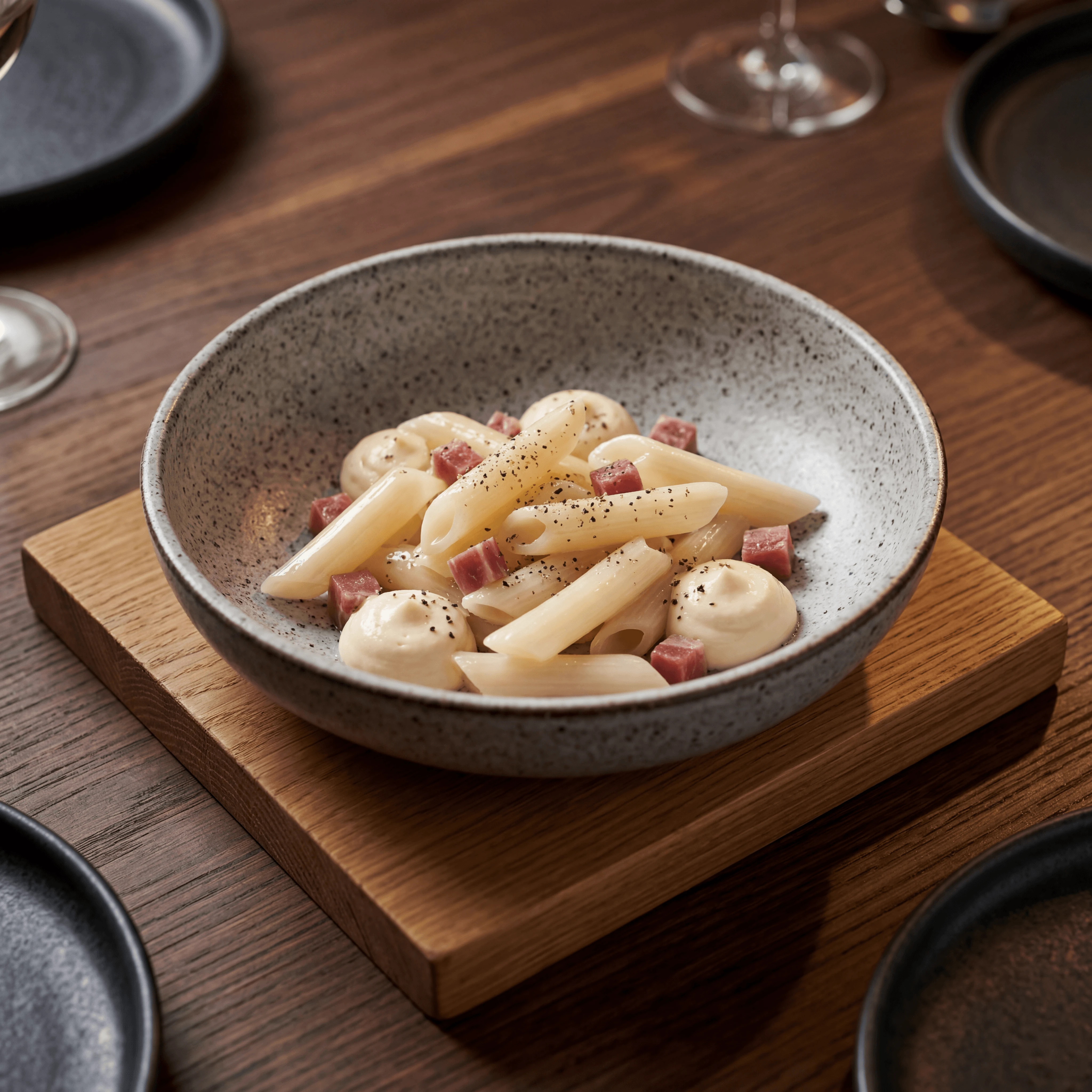 Fresh pappardelle with mushroom ragu in warm trattoria setting — Italian restaurant photography