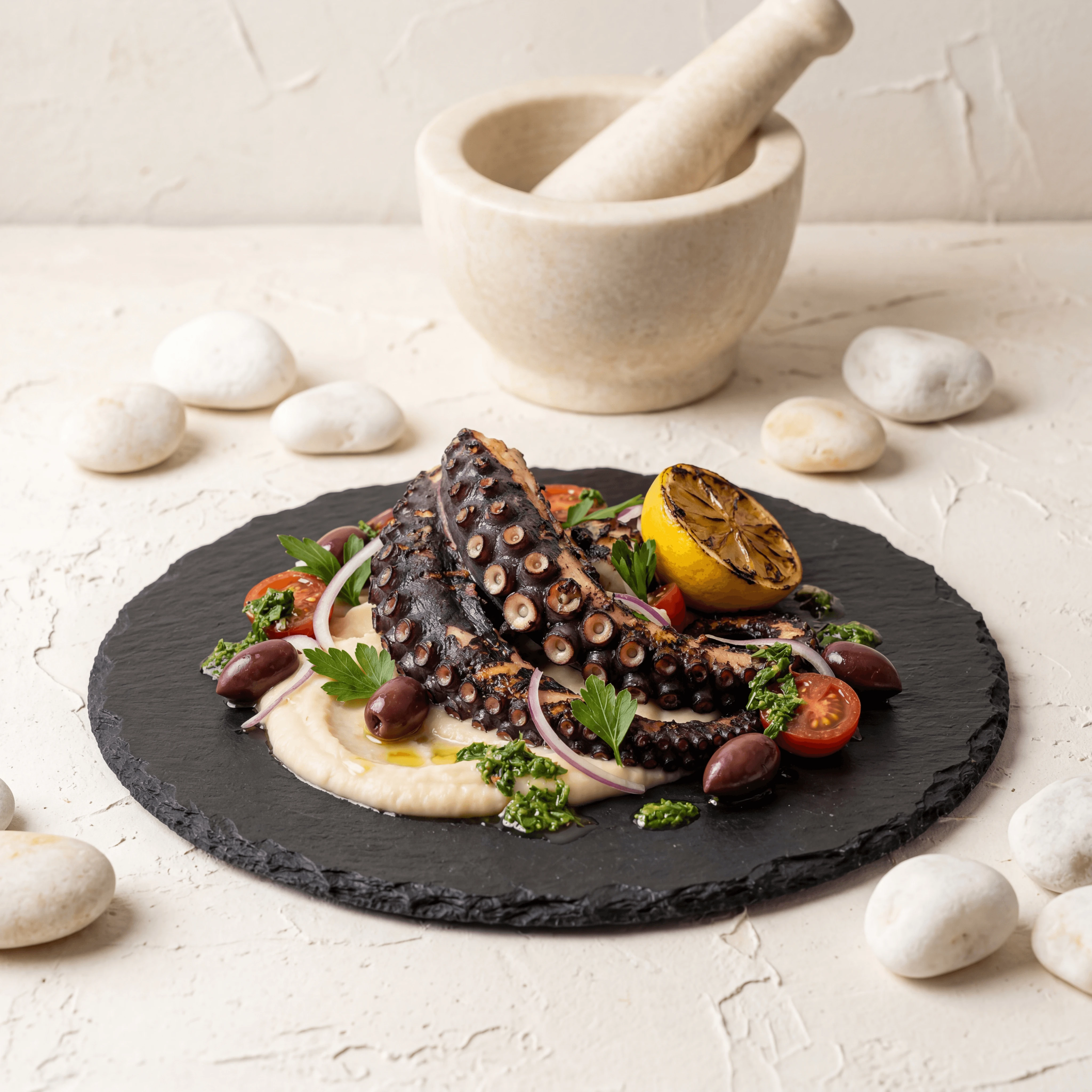 Seared scallops on pea purée with microgreens — restaurant seafood menu photography