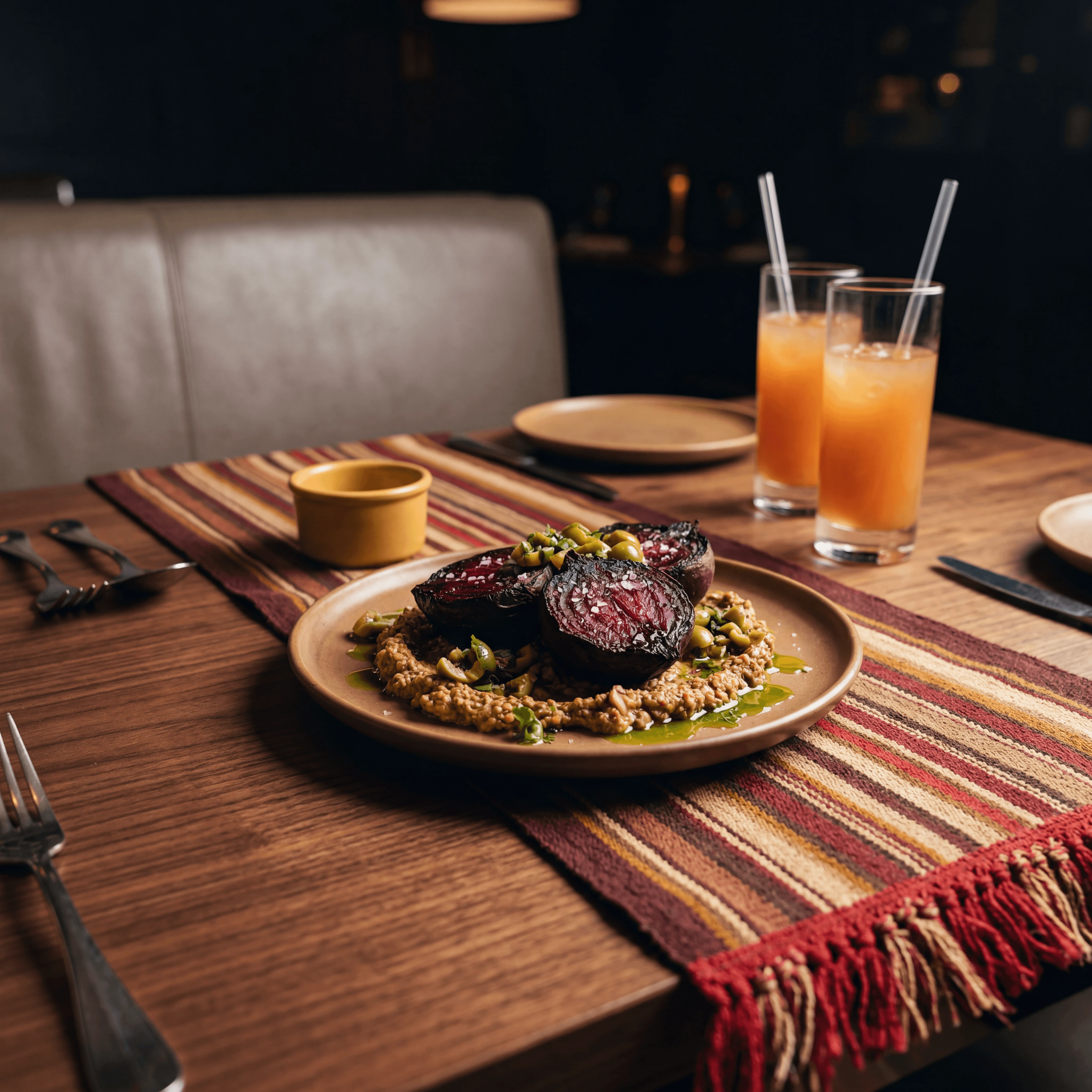Roasted vegetables with tahini on warm ceramic plate — restaurant side dish photography