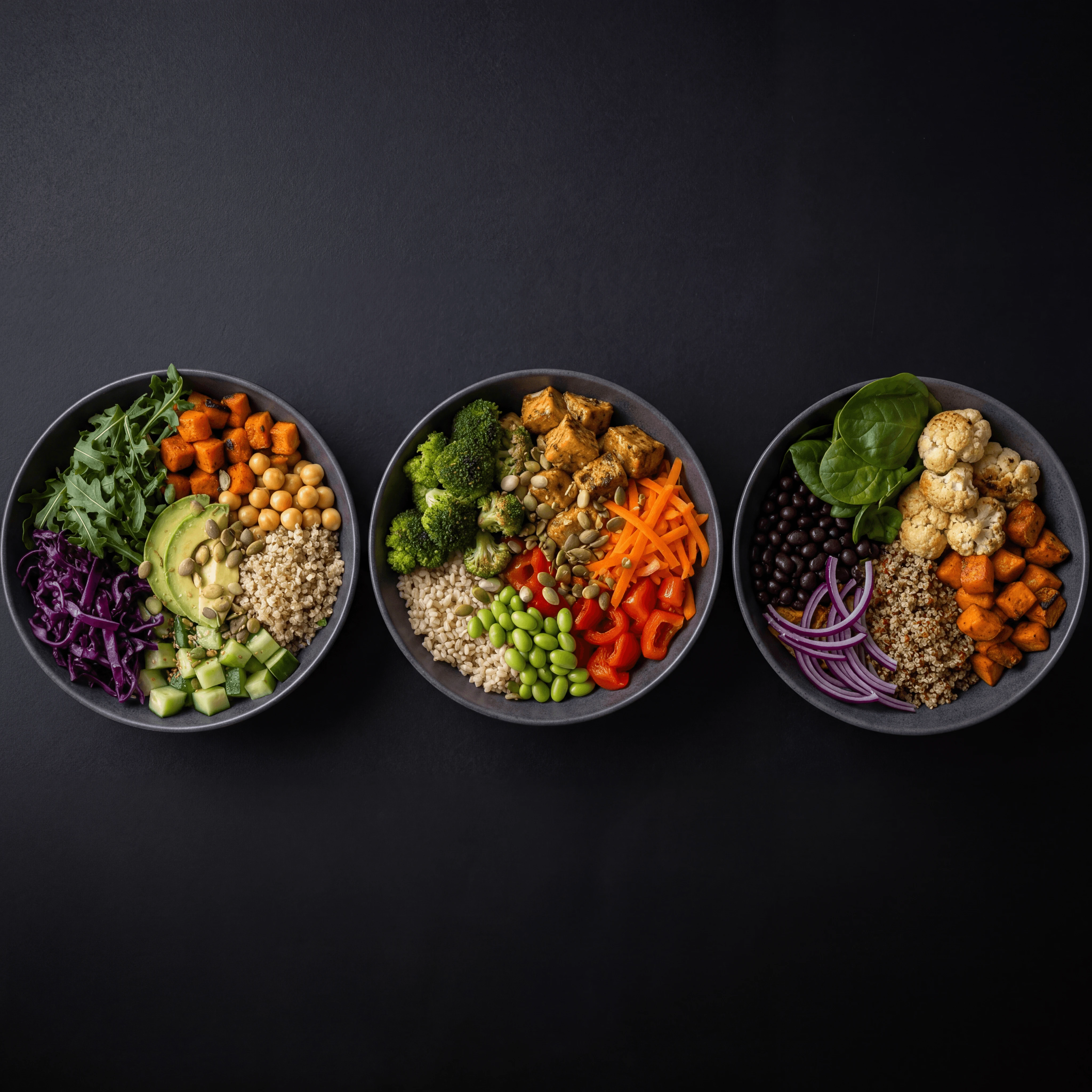Three composed bowl salads row dark monolith fast casual — composed bowl card photography