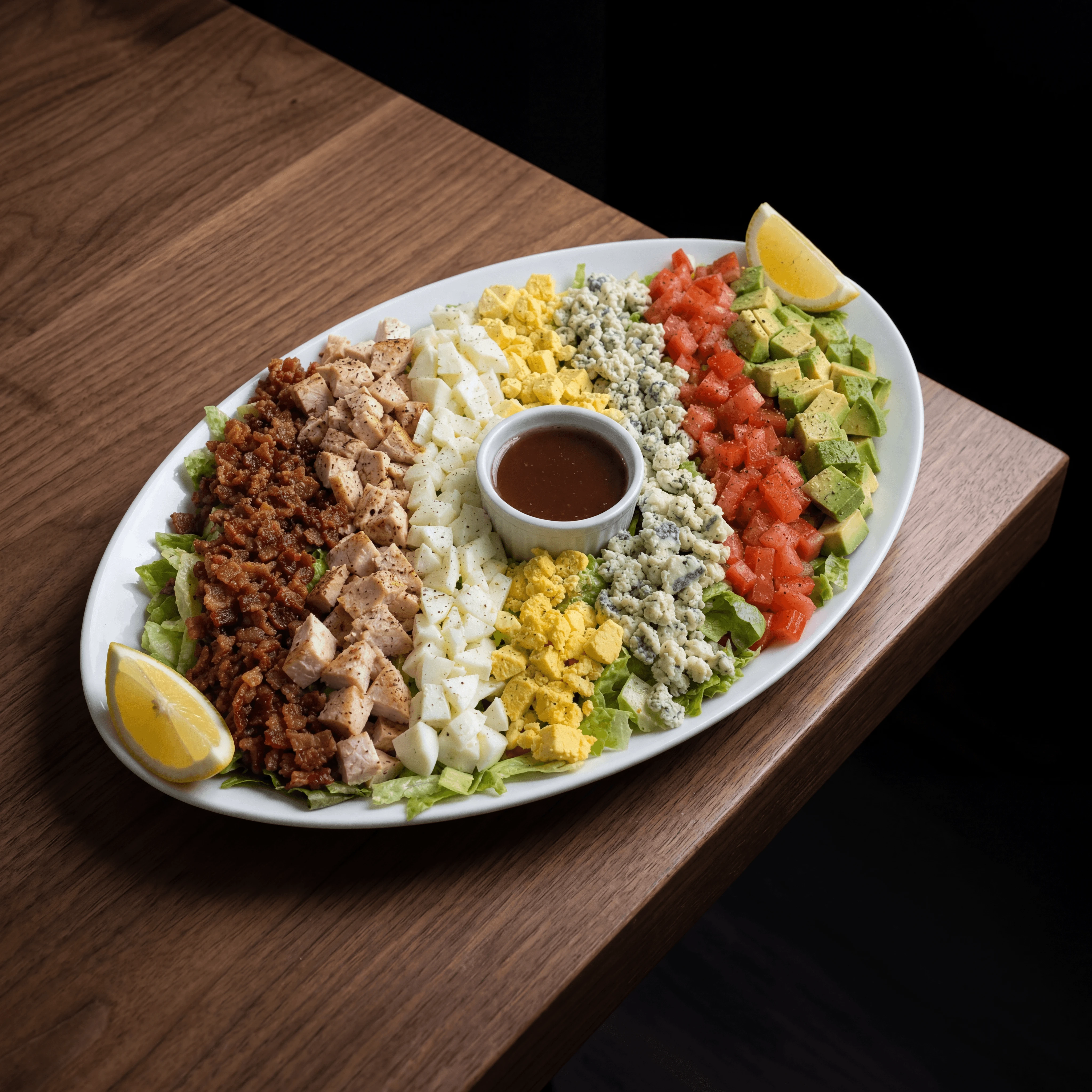 Classic cobb salad dark walnut elegance dramatic seven row ingredients — cobb salad card photography