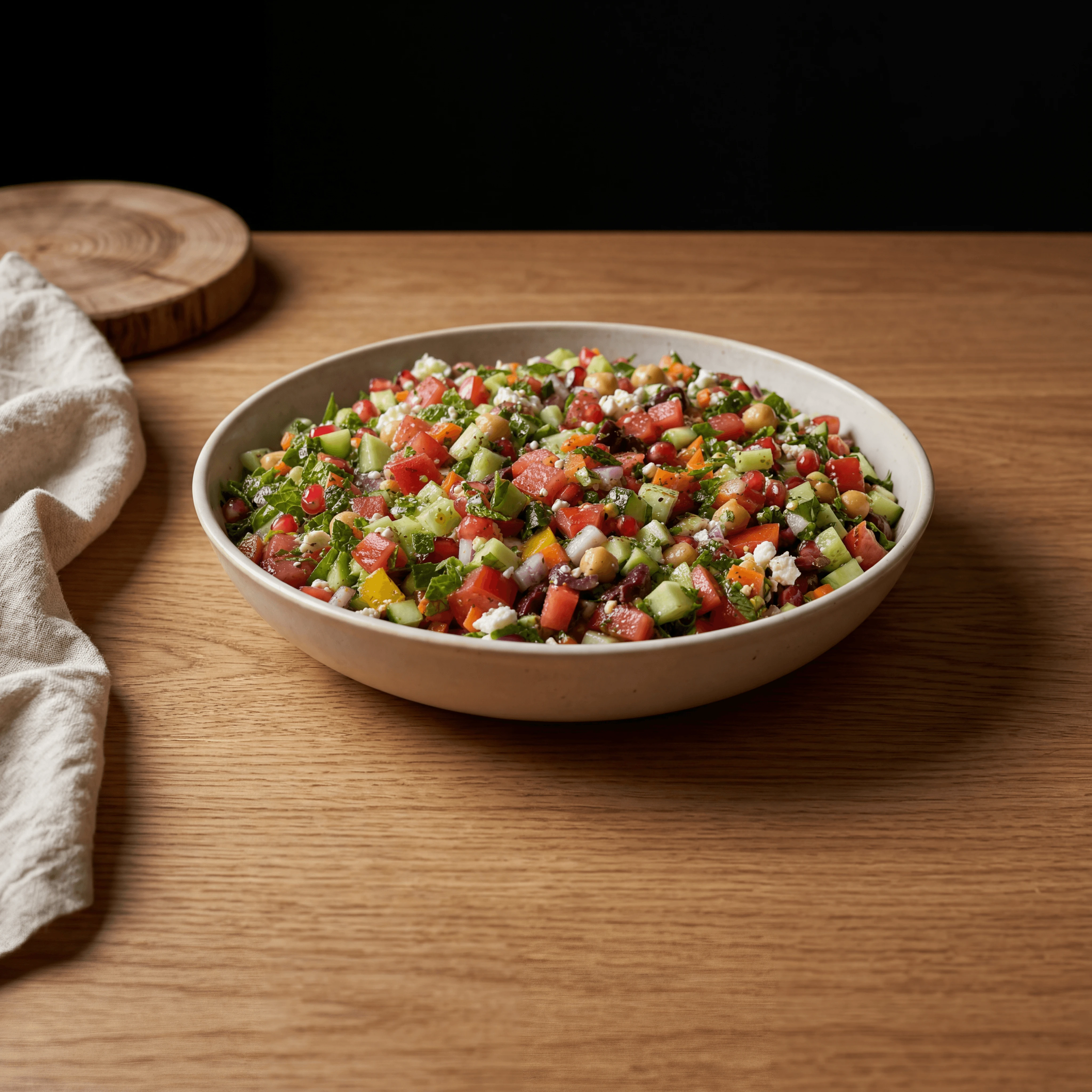 Chopped salad close up confetti texture cozy dark wood mosaic — chopped salad card photography