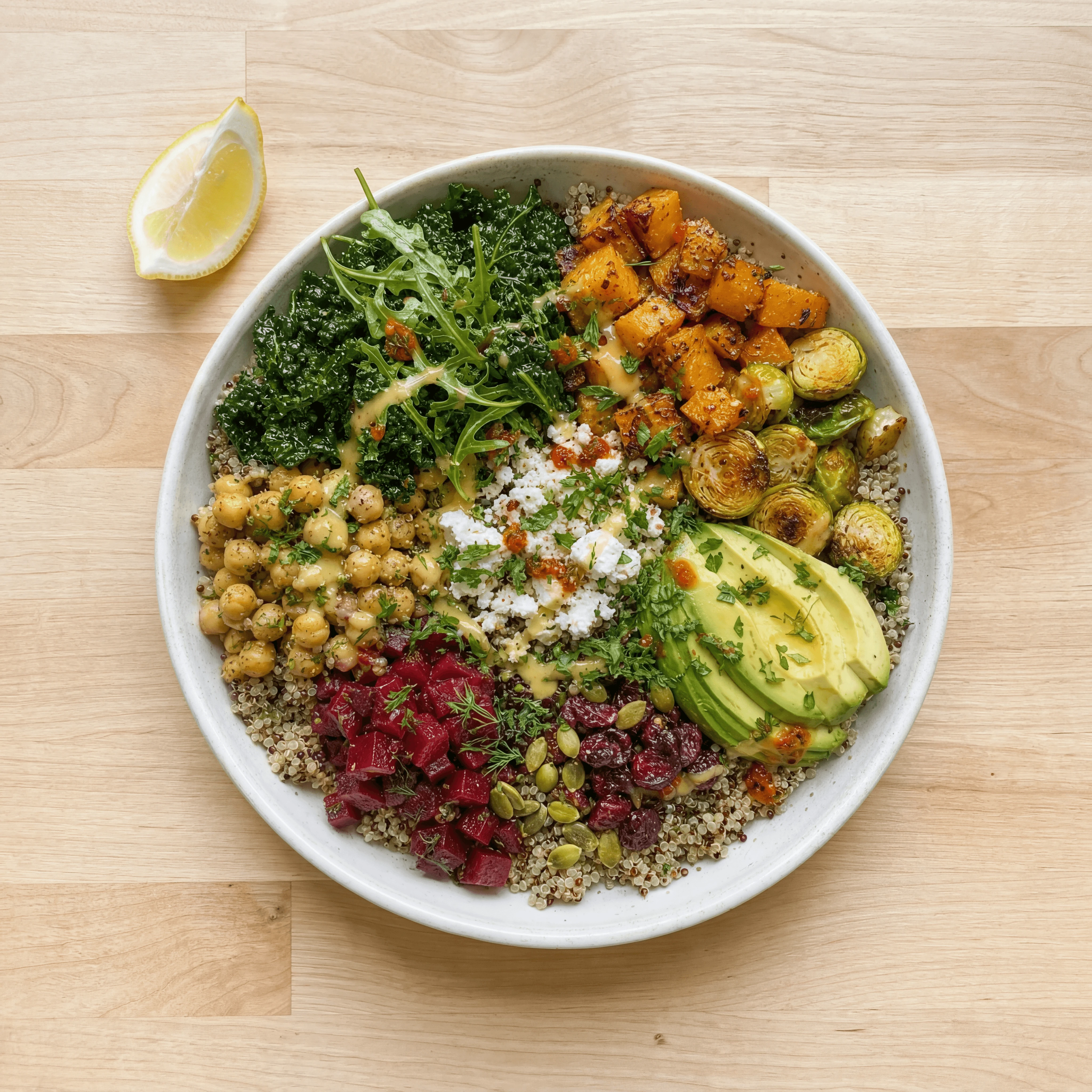 Quinoa grain bowl roasted vegetables top down light wood — quinoa bowl card photography