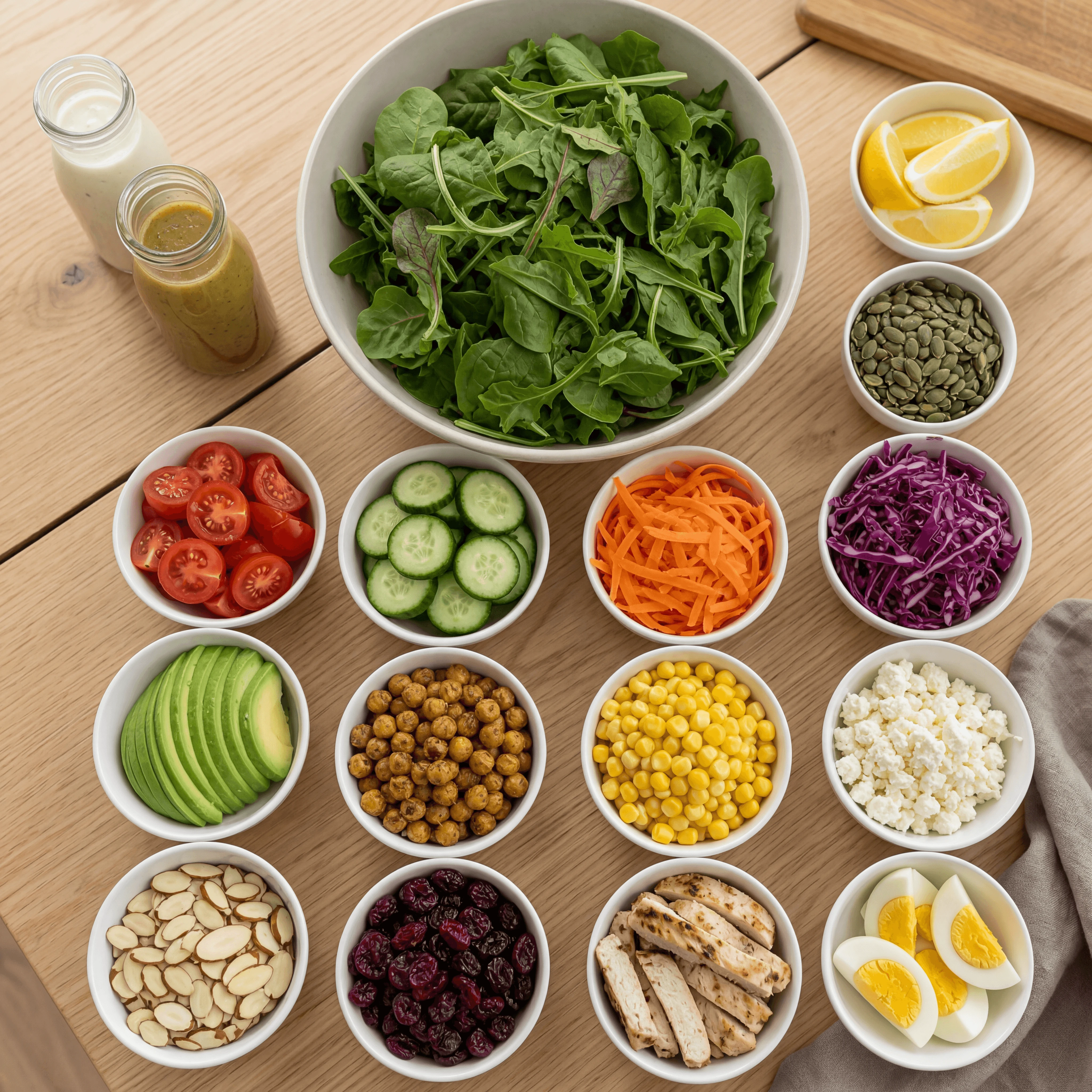 Salad bar topping array ingredient flatlay bright daylight assembly — salad bar card photography