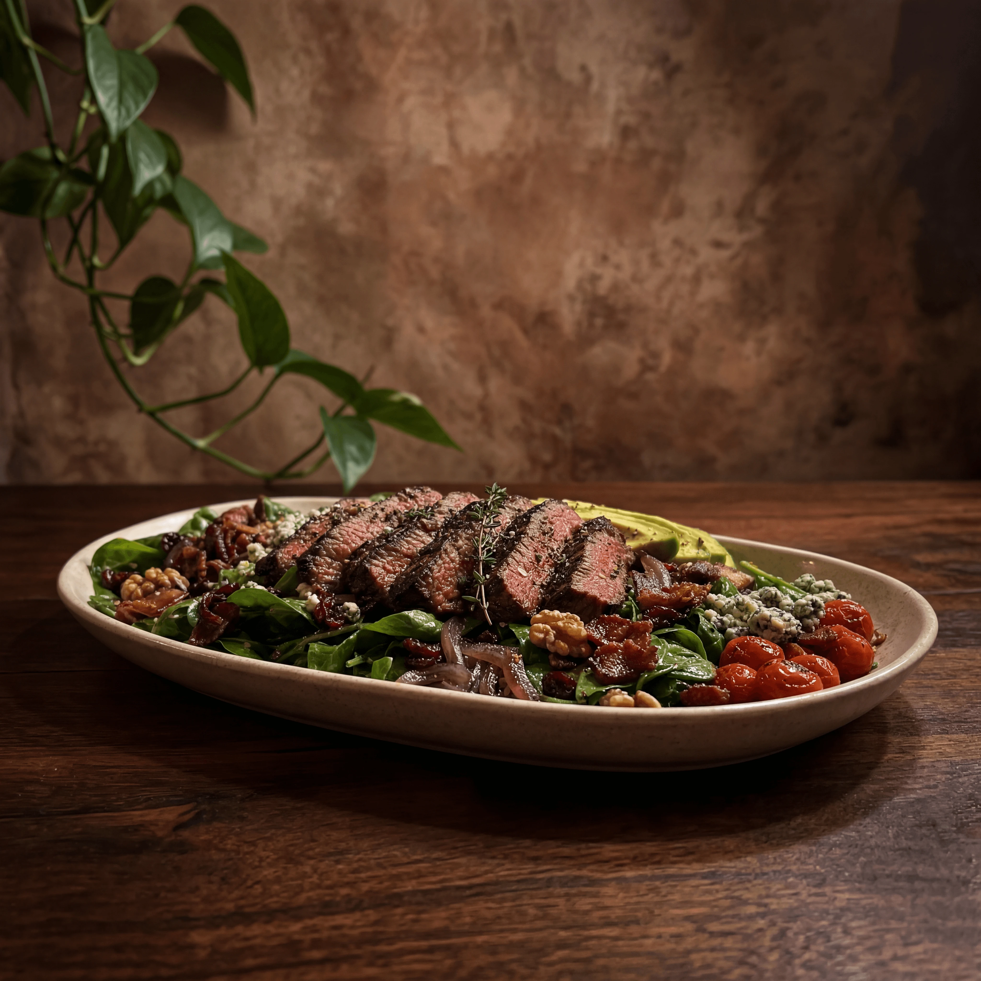 Warm grilled chicken salad bacon vinaigrette dark rustic dramatic — warm protein salad card photography