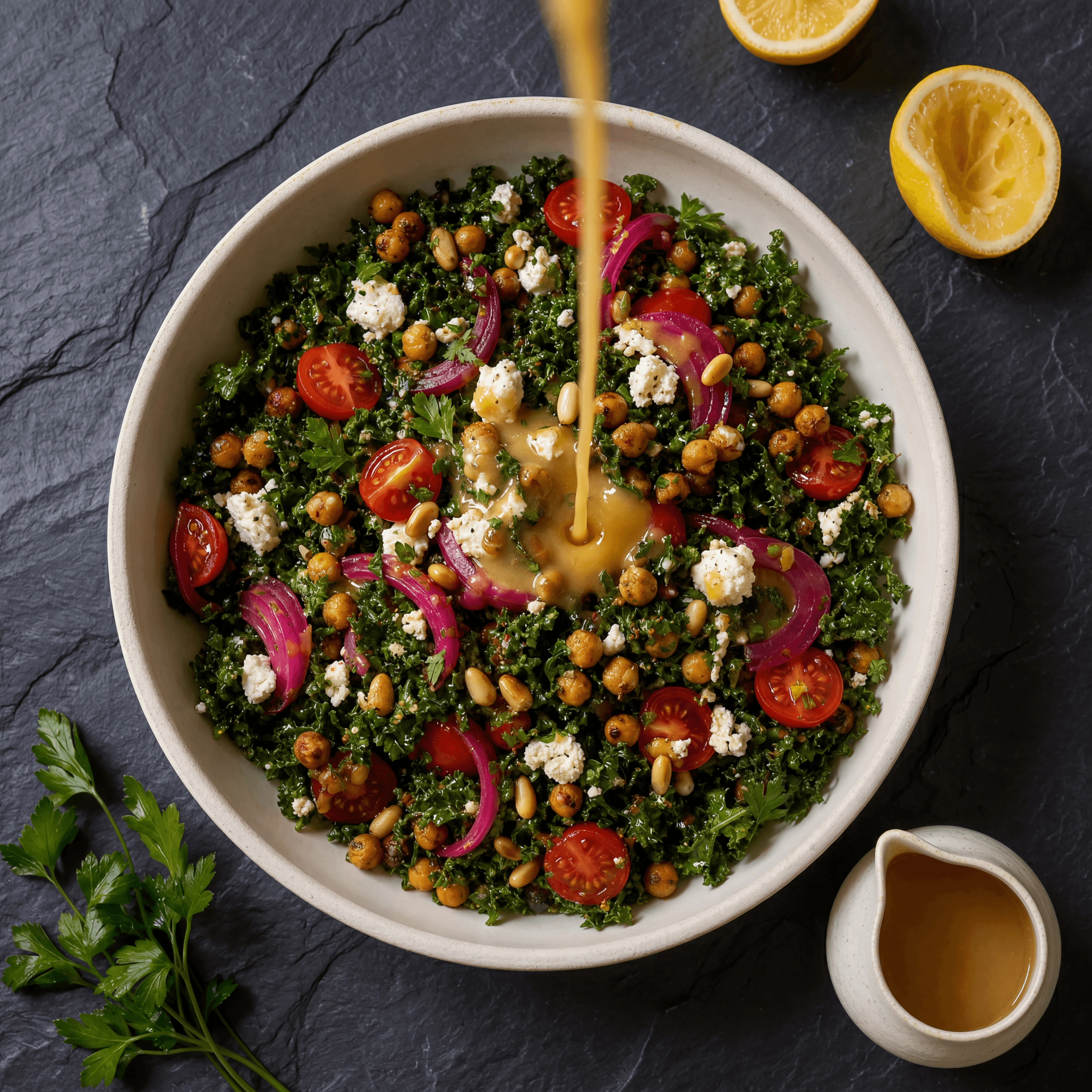 Salad dressing drizzle action overhead top down dark slate splash — dressing drizzle card photography