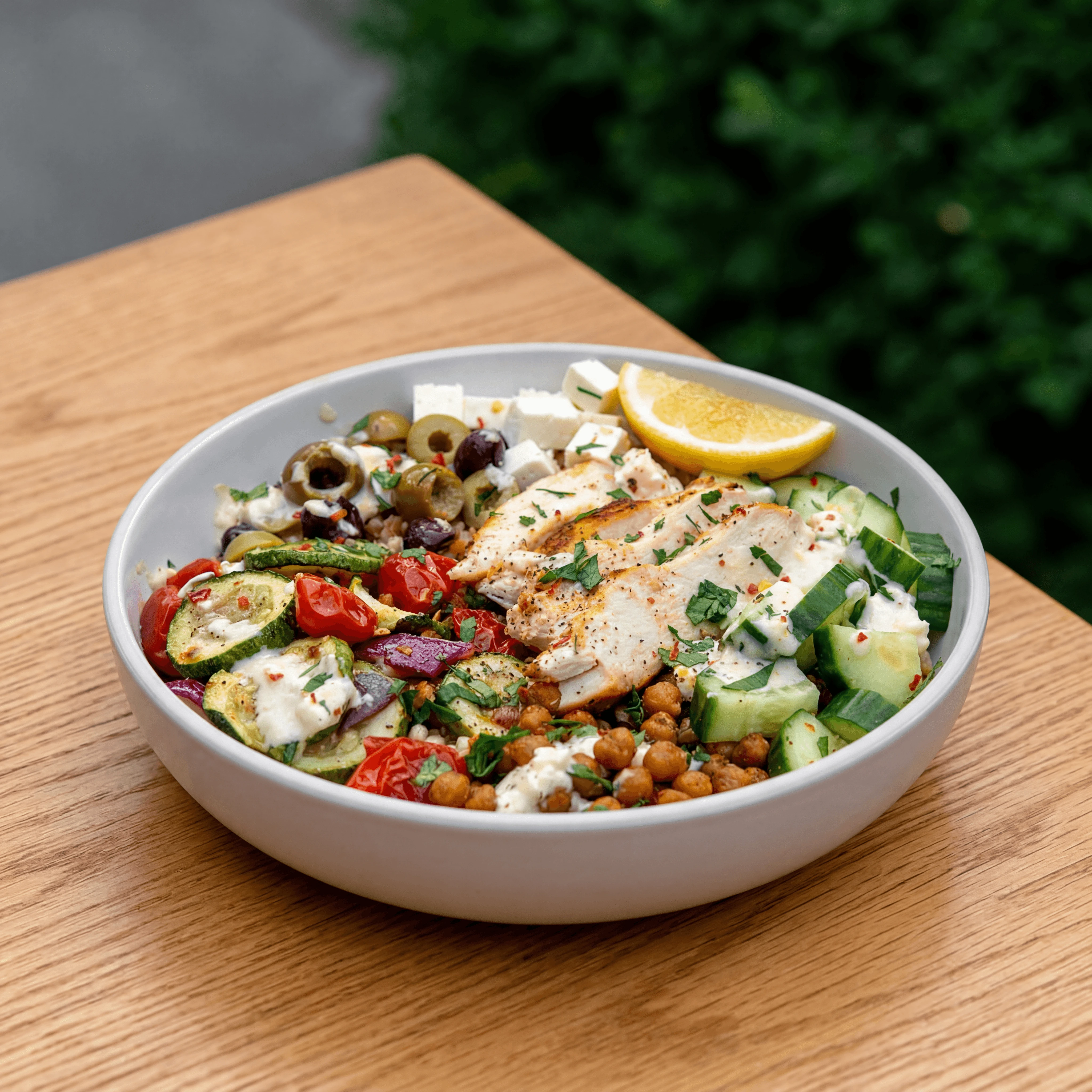 Quinoa grain bowl salad kale roasted vegetables tahini drizzle wooden — grain bowl hero photography