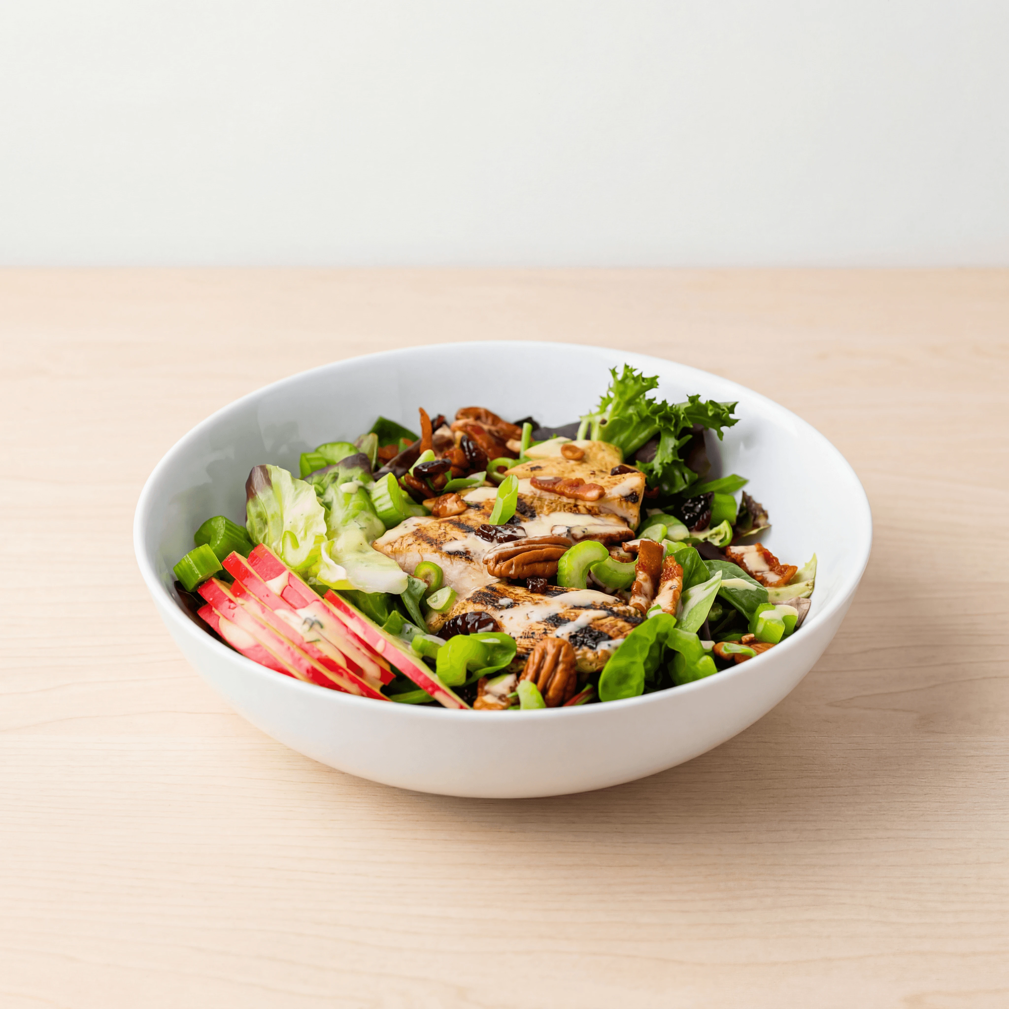 Warm salad grilled chicken roasted vegetables bacon vinaigrette — warm salad hero photography