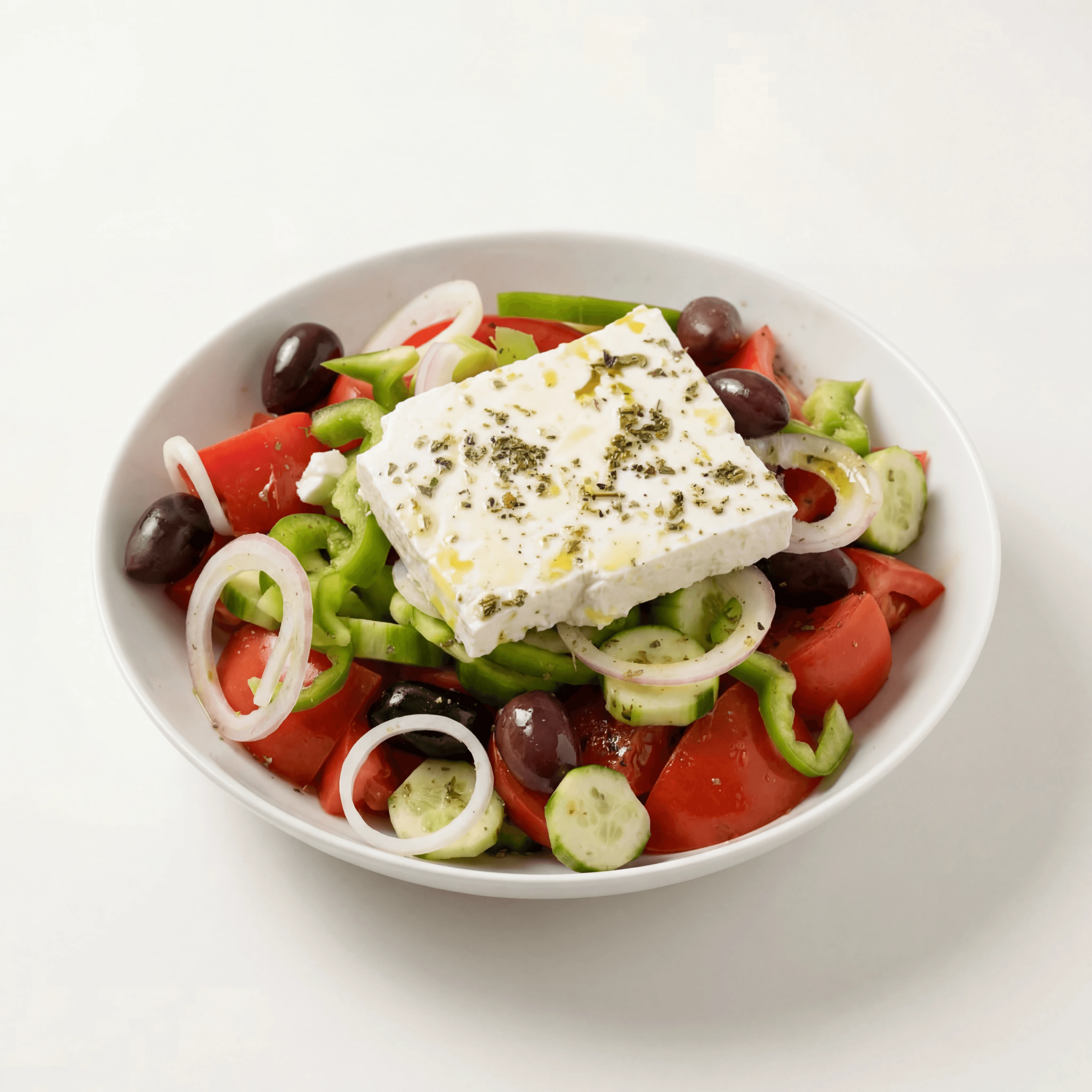 Classic Greek salad tomato cucumber feta olives oregano — Greek salad hero photography