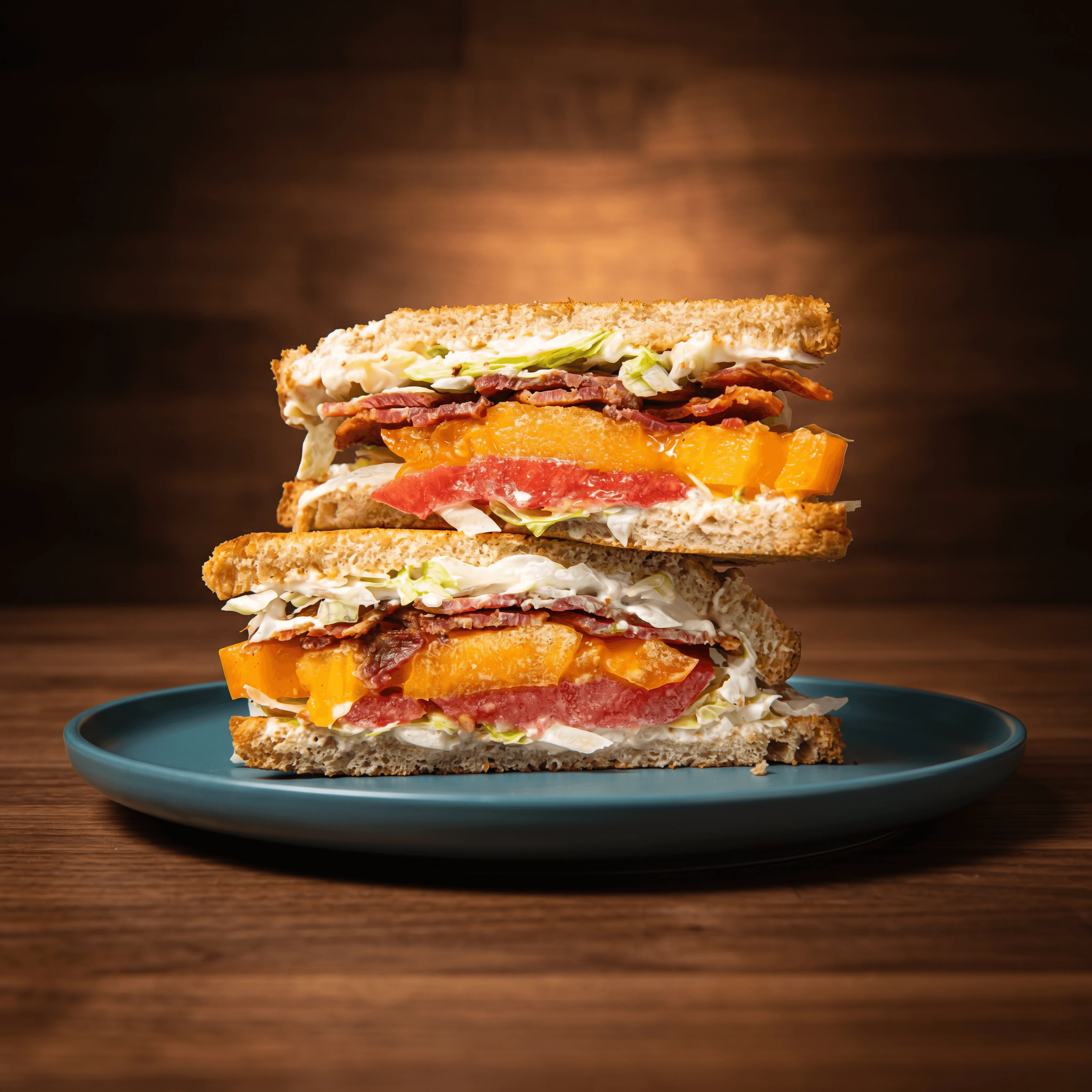 BLT cross section thick bacon tomato lettuce mayo sourdough — BLT cross section card photography