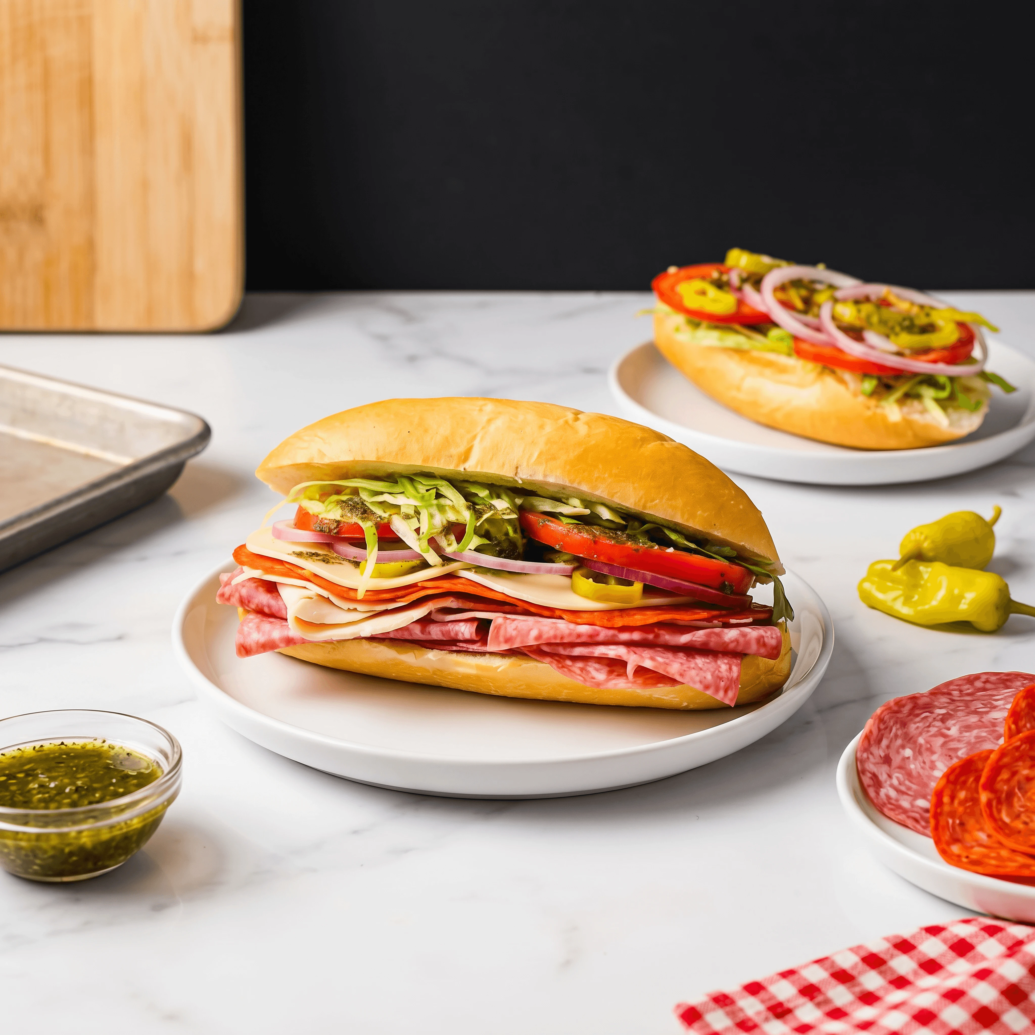Italian sub butcher paper overhead torpedo roll meats cheeses — Italian deli card photography