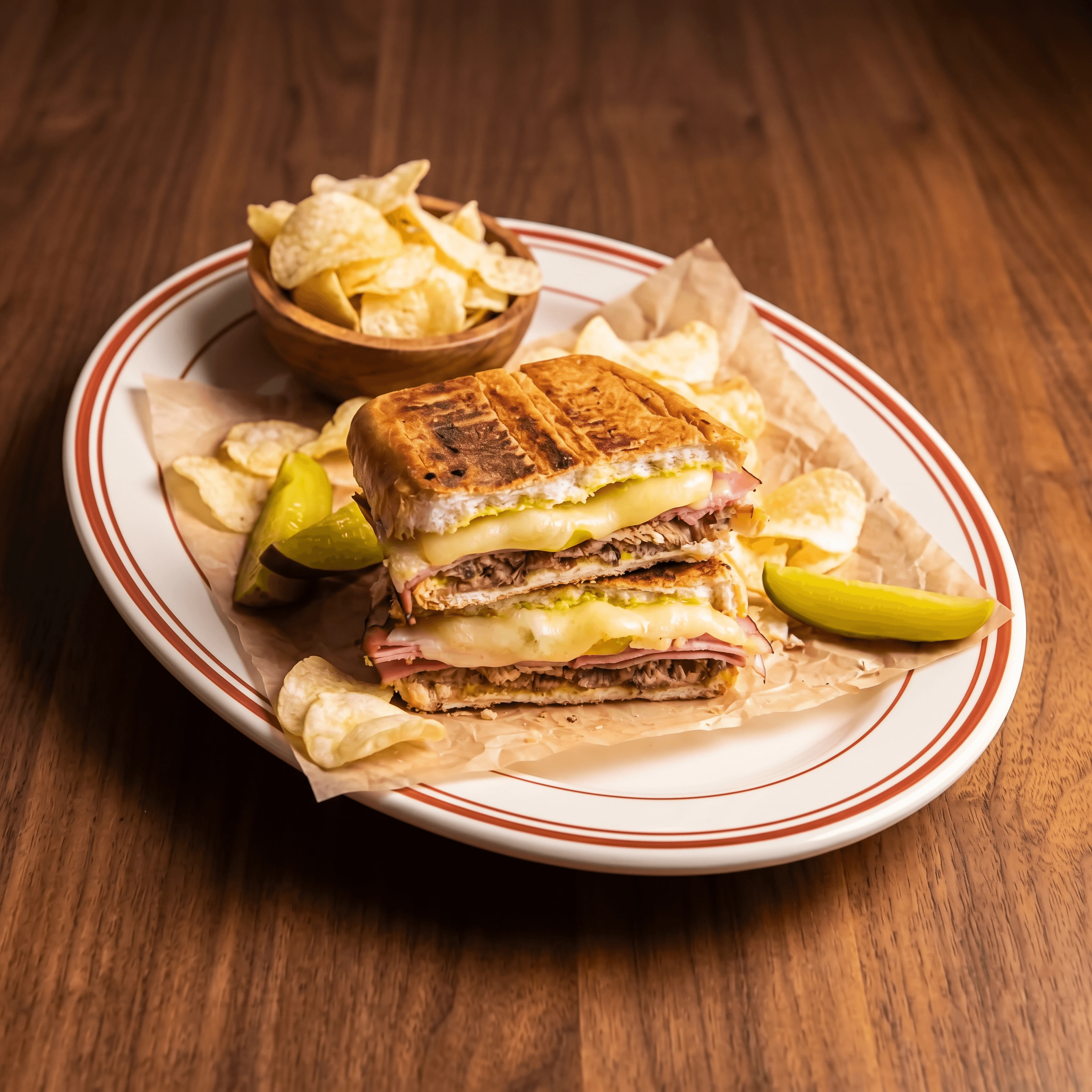 Cuban sandwich mojo pork ham Swiss pickle pressed — Cuban sandwich card photography