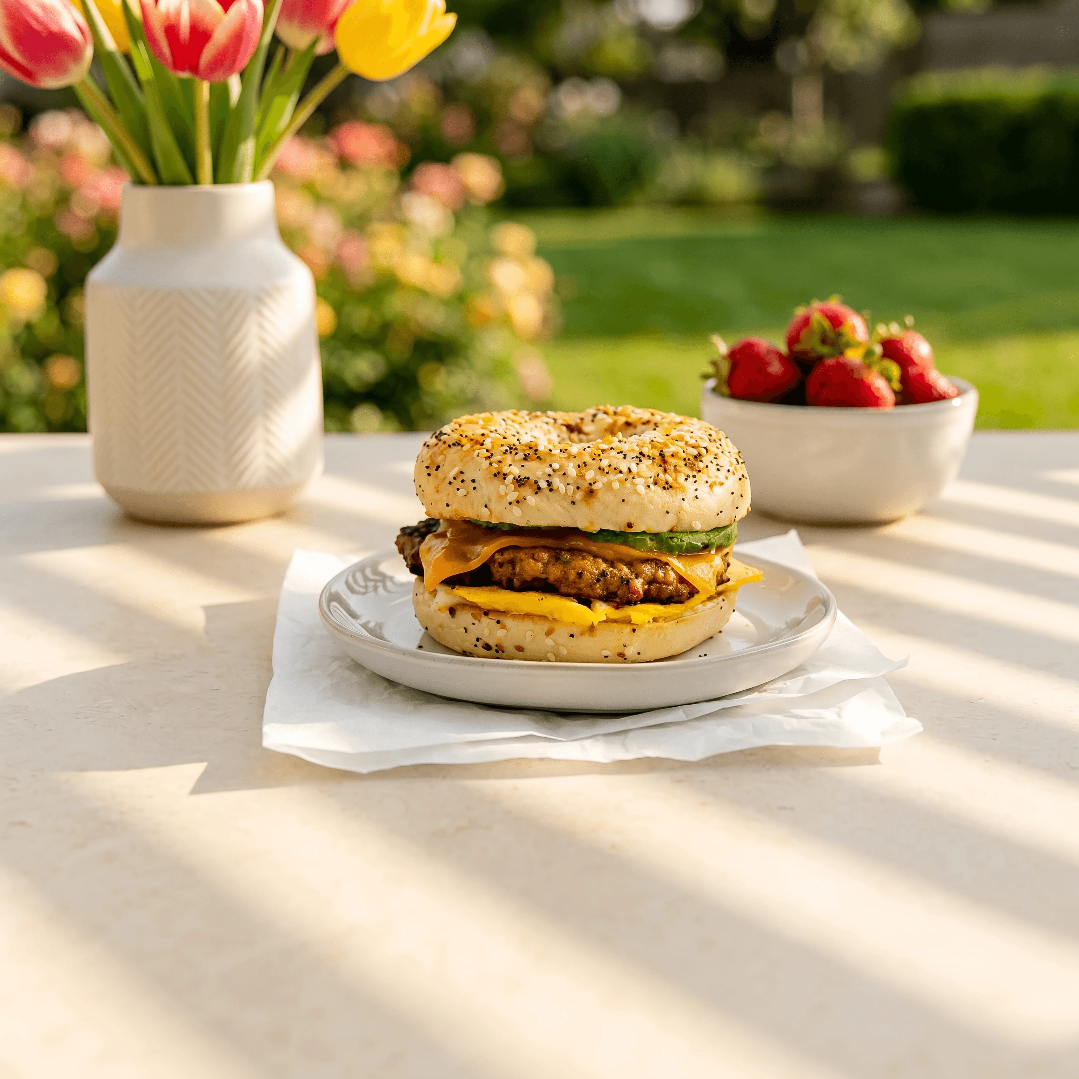 Sausage egg cheese bagel breakfast sandwich — breakfast sandwich card photography
